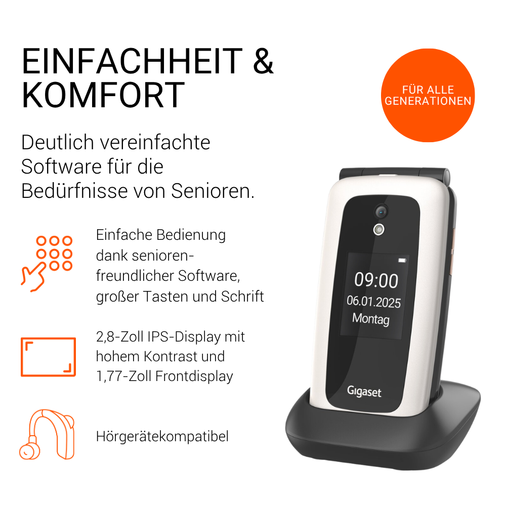 Gigaset Seniorenhandy in Ladestation mit deutschem Text und Symbolen für einfache Bedienung.