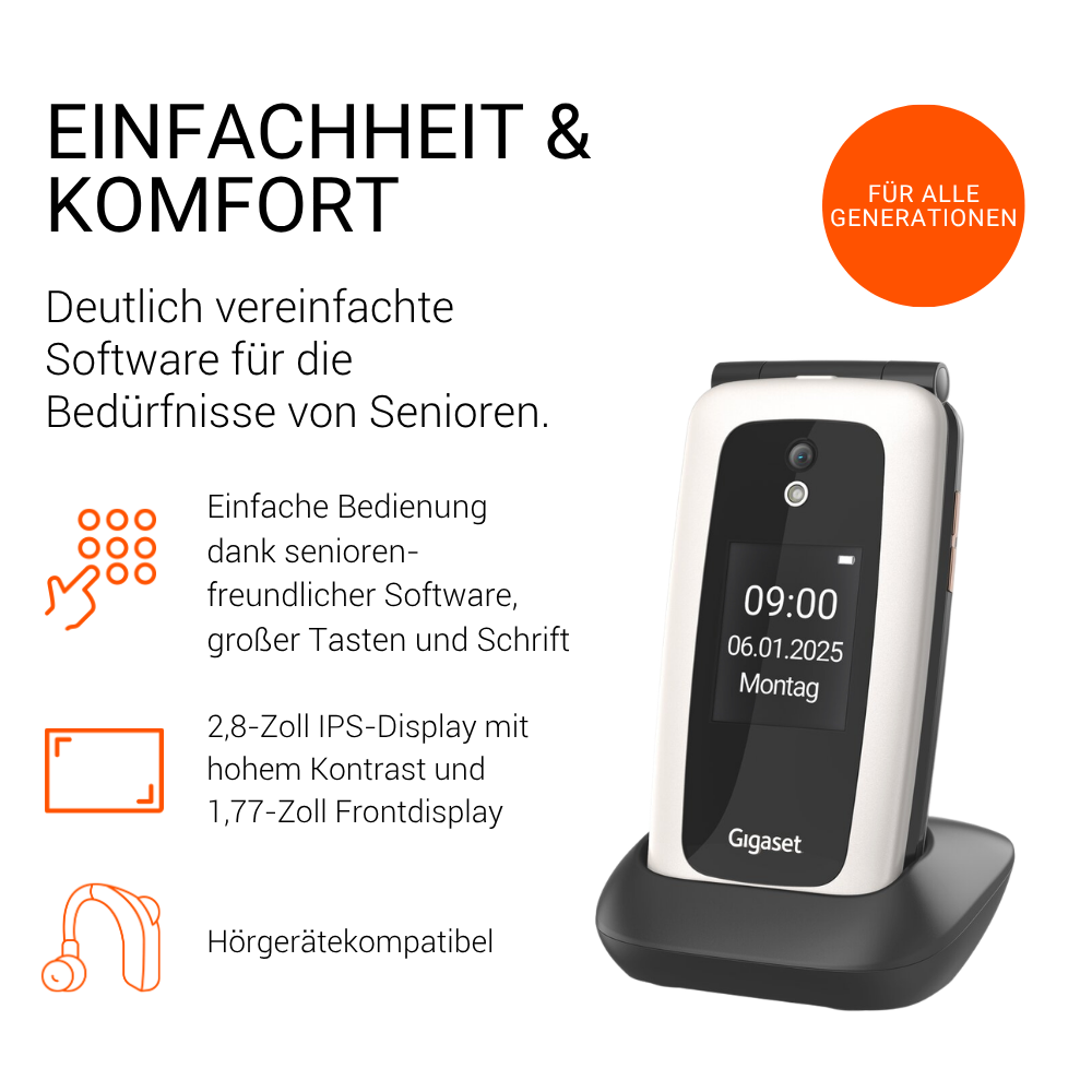 Werbebild für ein weißes Gigaset-Senioren-Klapphandy auf einer schwarzen Ladestation mit Text.