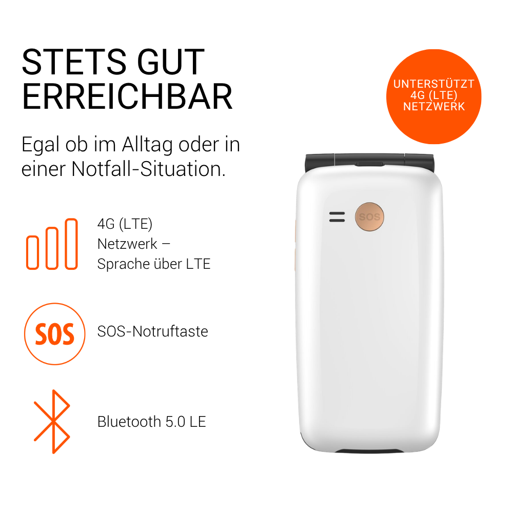 Weißes Klapphandy mit SOS-Notruftaste, 4G-Unterstützung und deutscher Produktbeschreibung auf der linken Seite.