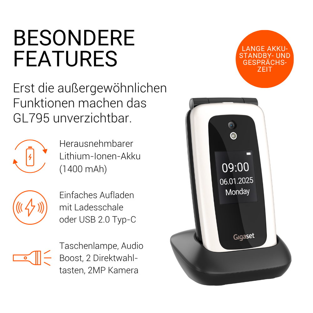 Gigaset GL795 Klapphandy in schwarzer Ladestation mit Features wie wechselbarem Akku und Schnellladung.