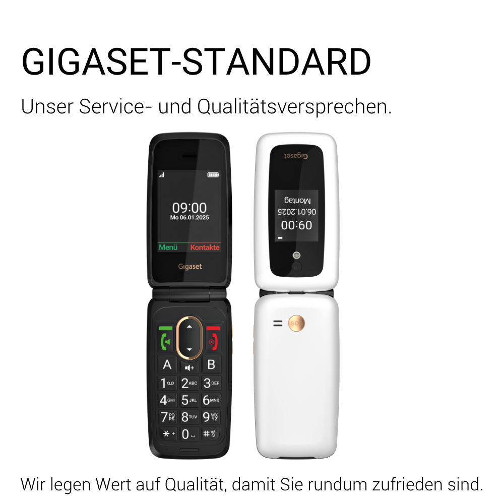 Zwei Gigaset-Klapphandys, eines schwarz, eines weiß, geöffnet vor weißem Hintergrund mit deutschem Text.