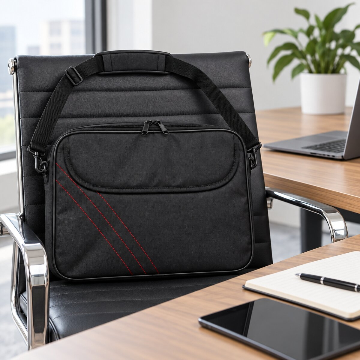 Eine schwarze Laptoptasche mit roten Akzenten hängt an einem schwarzen Chefsessel im Büro.