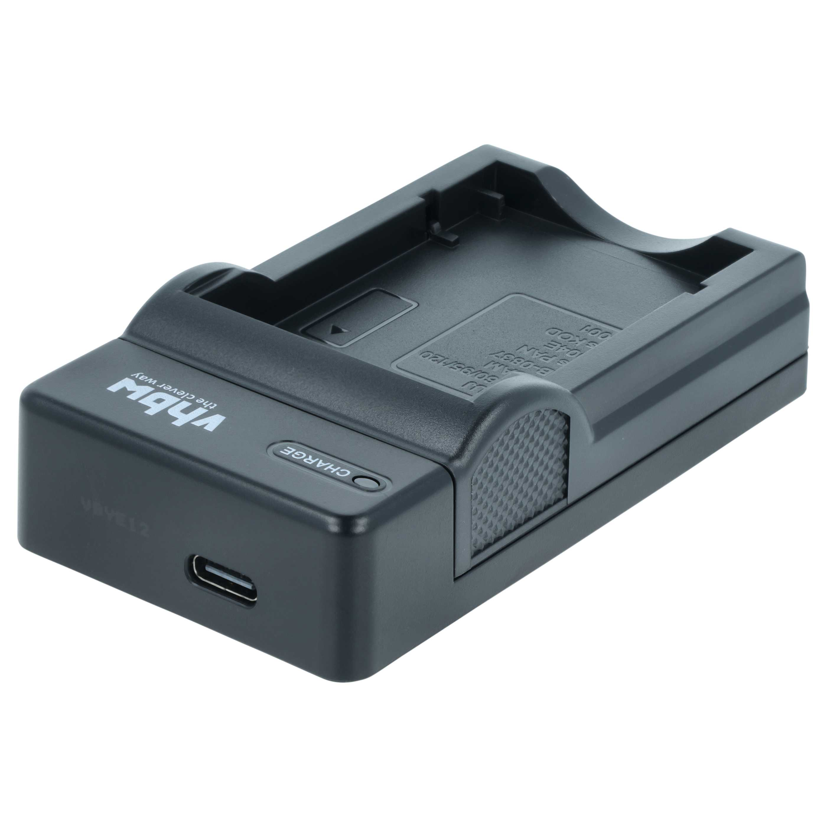 Schwarzes vhbw Akkuladegerät mit USB-C-Anschluss vor weißem Hintergrund.
