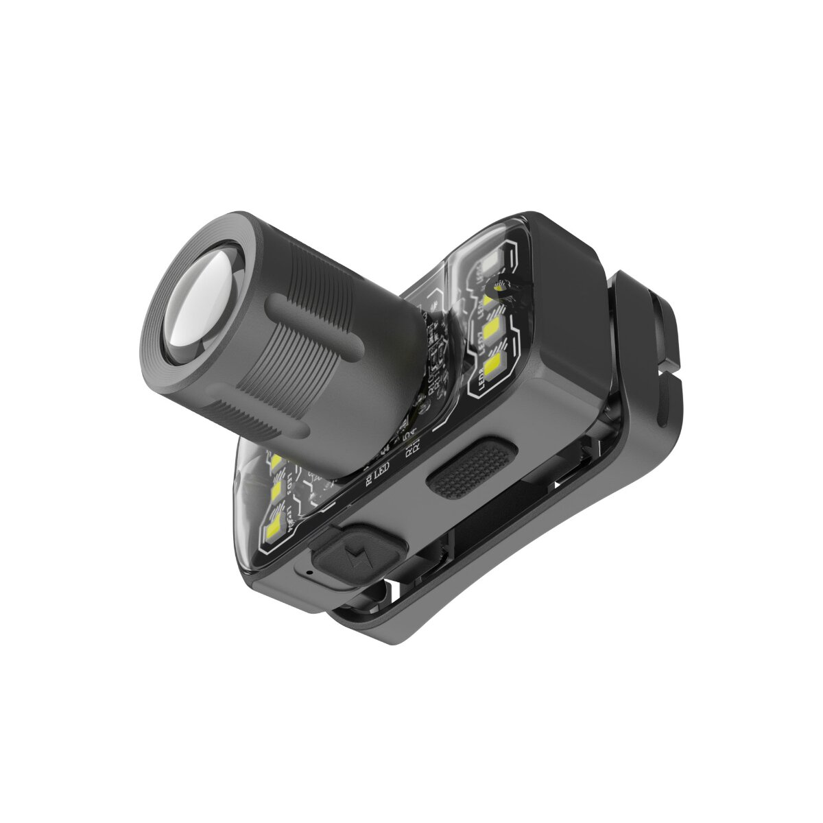 Eine kompakte, schwarze LED-Taschenlampe mit einem verstellbaren, runden Objektiv und mehreren sichtbaren LED-Dioden.