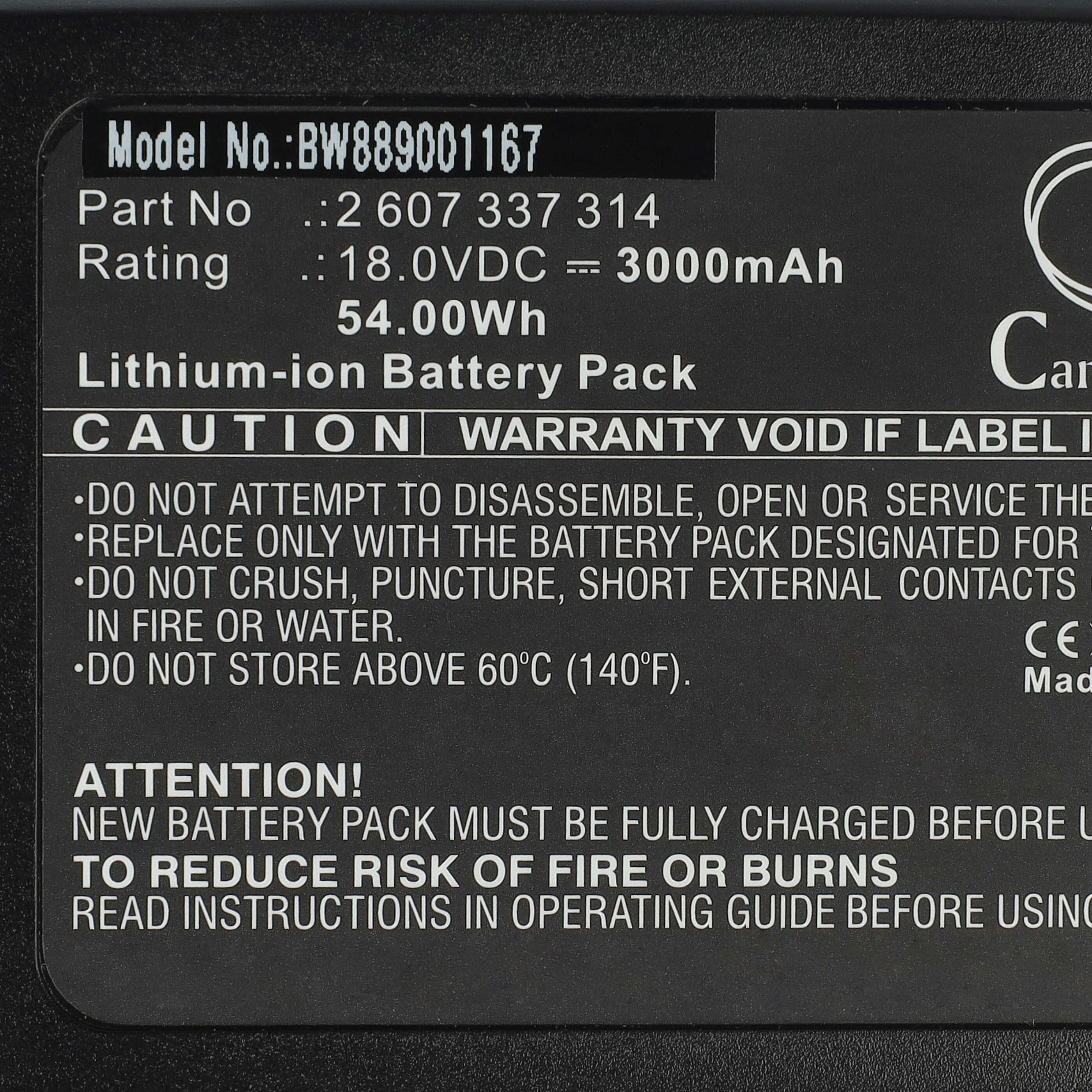 Nahaufnahme eines schwarzen Lithium-Ionen-Akkukehrs mit Modellnummer, Nennwerten und Sicherheitshinweisen.