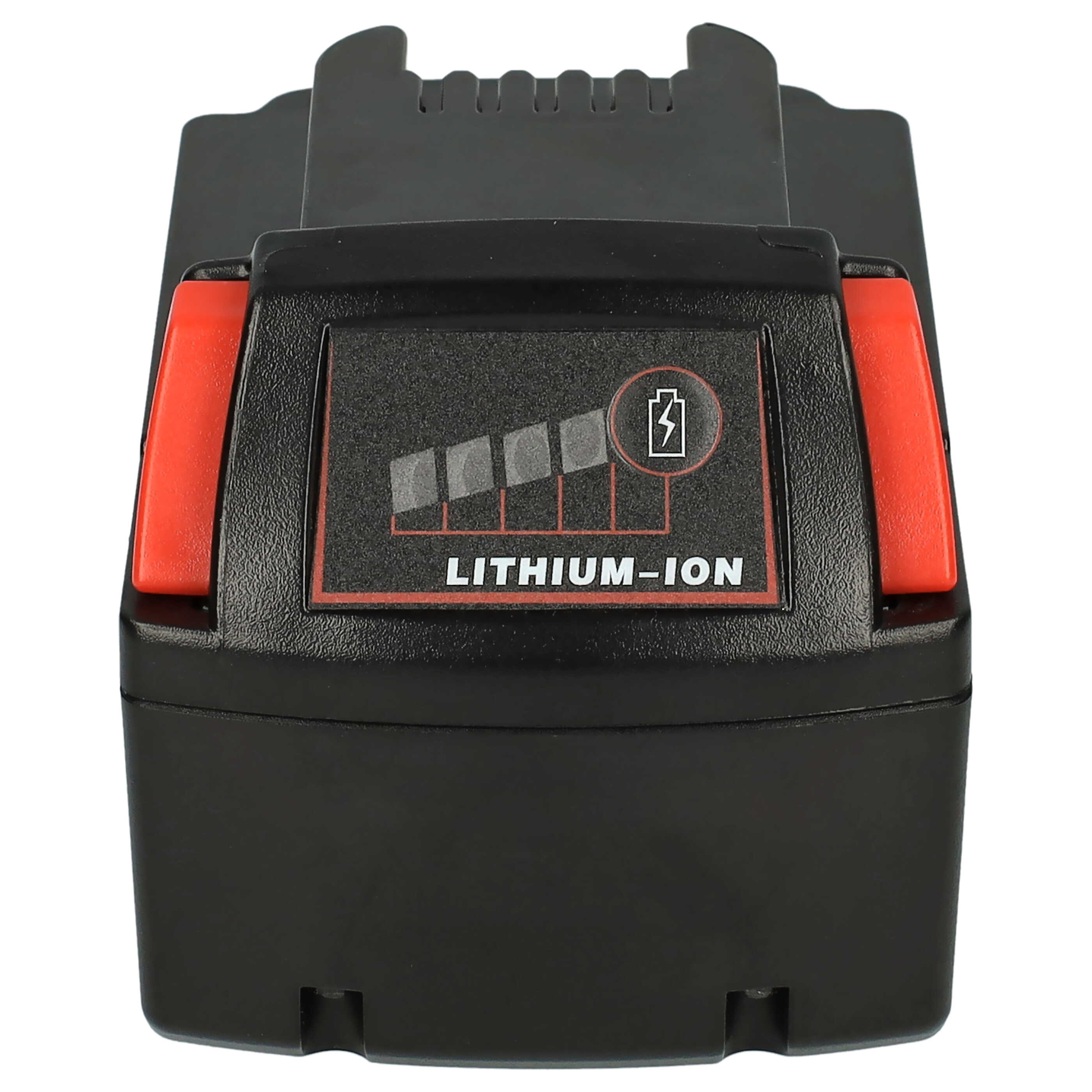 Schwarzer Lithium-Ionen-Akku mit roten Entriegelungstasten und Ladezustandsanzeige vorne.