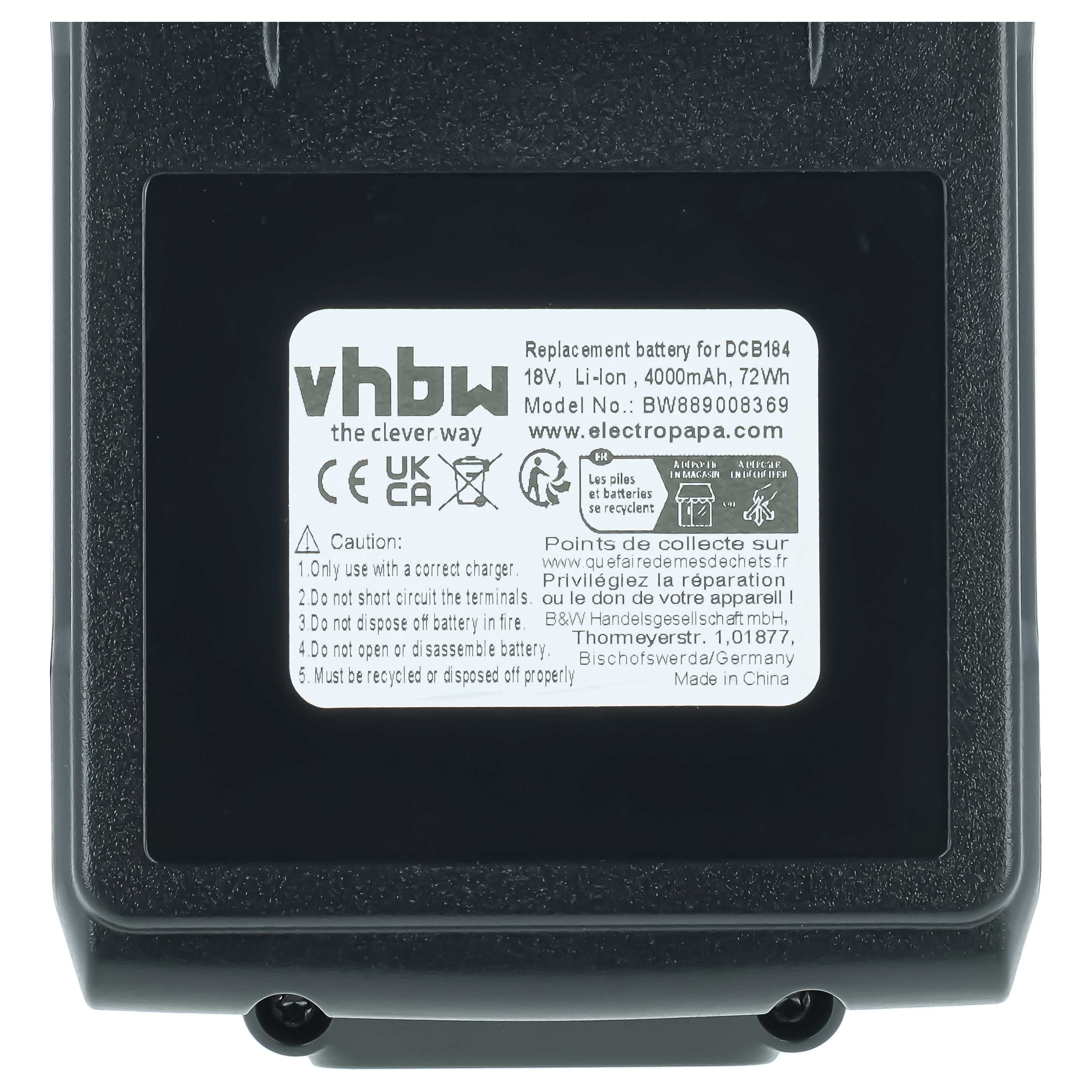 Etikett auf einem Akku mit Vhbw-Logo, technischen Daten, CE-Zeichen und Sicherheitshinweisen.