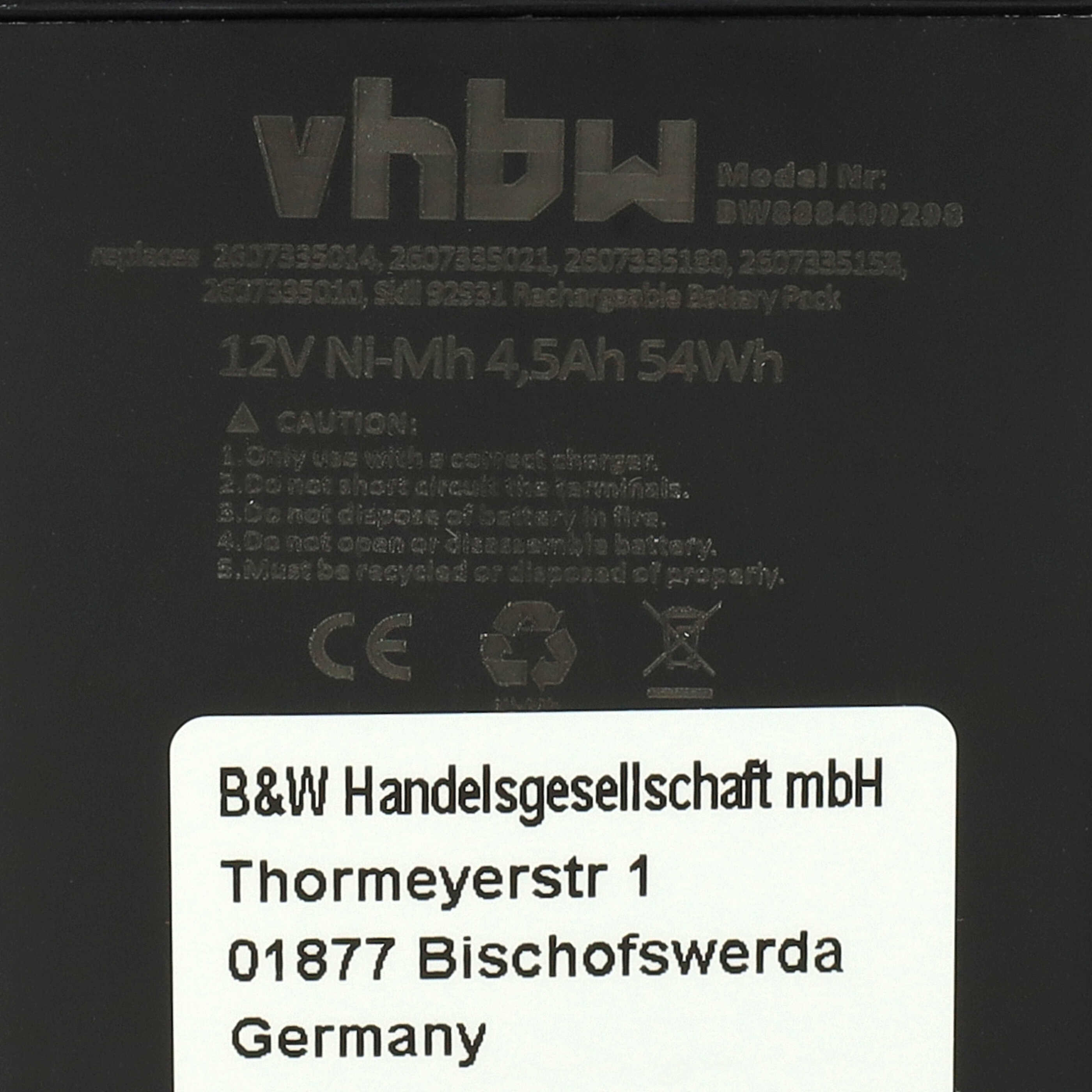 Ein schwarzes Batterieetikett mit technischen Daten und einem weißen Firmenadressaufkleber unten.