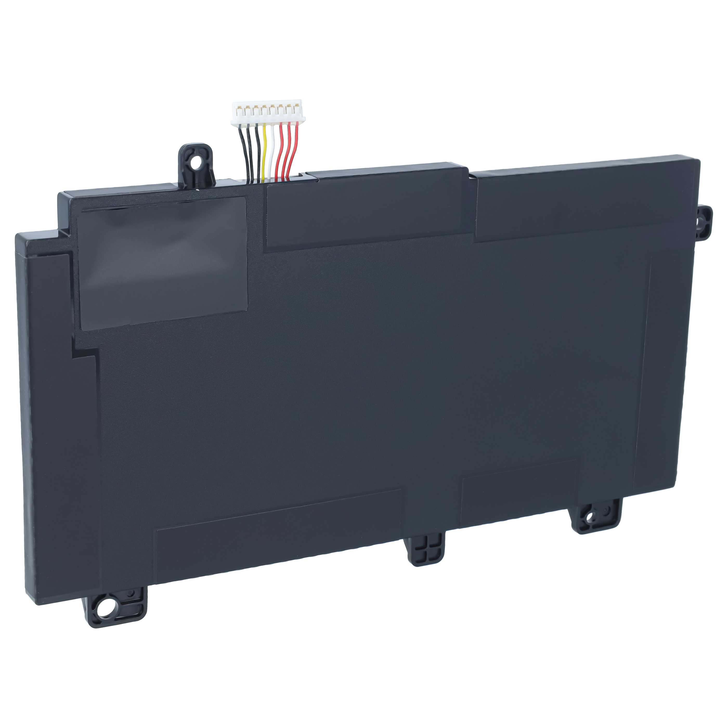 Schwarzer Laptop-Akku mit angeschlossenem bunten Kabel und weißem Stecker auf weißem Hintergrund.