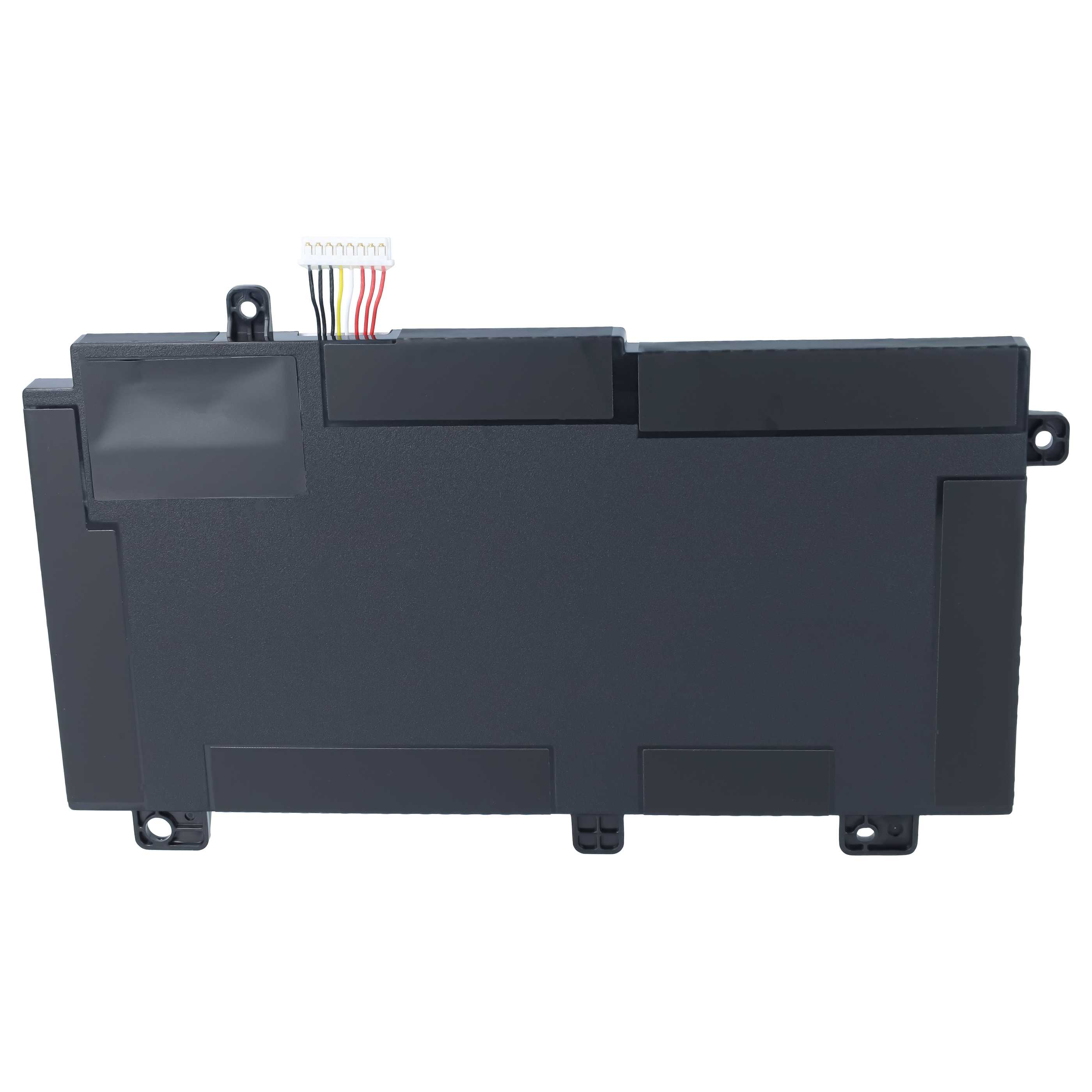 Eine rechteckige, schwarze Laptop-Batterie mit einem kleinen weißen Steckverbinder und bunten Kabeln auf weißem Grund.