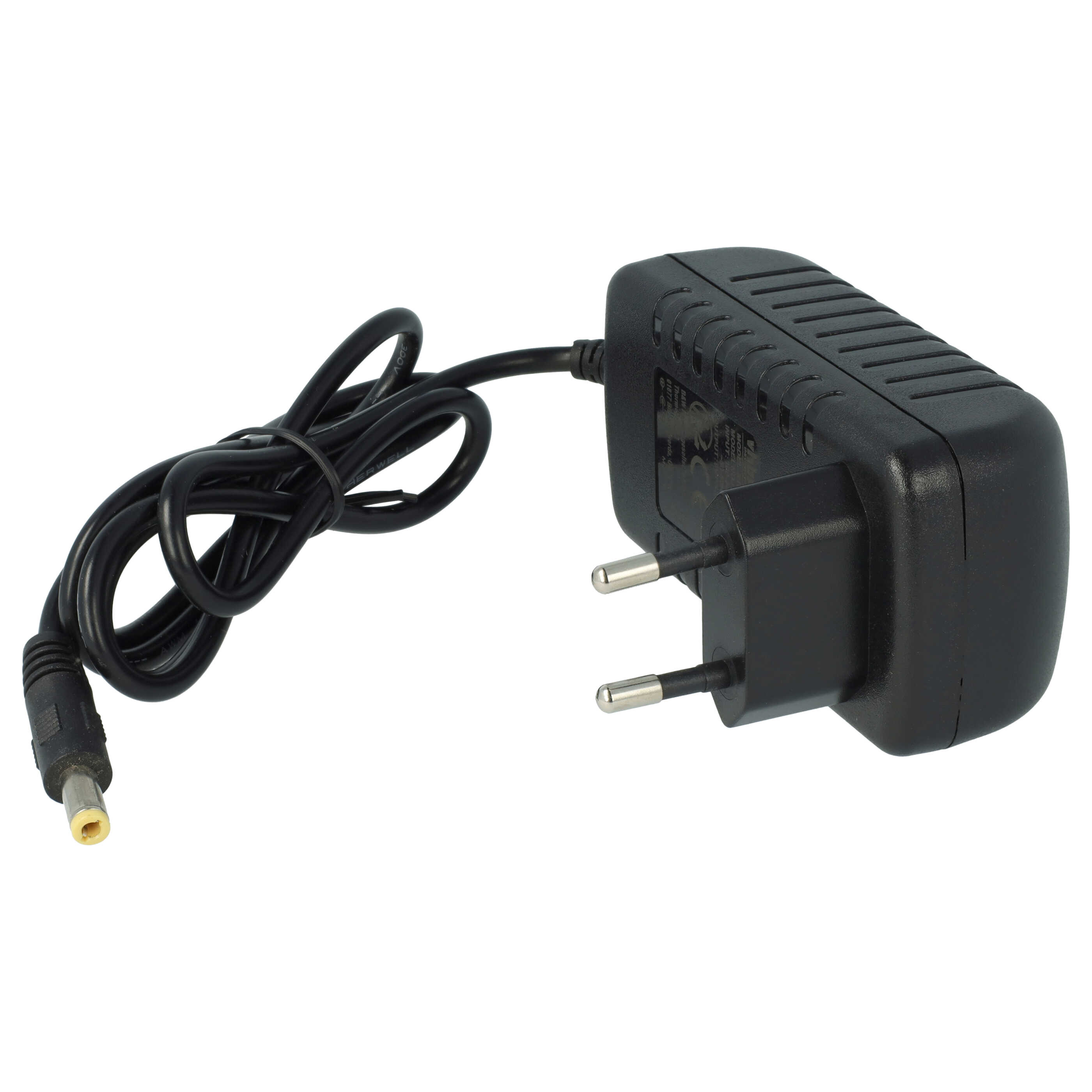 Ein schwarzes Netzteil mit einem europäischen zweipoligen Stecker und einem aufgerollten Kabel mit Hohlstecker.