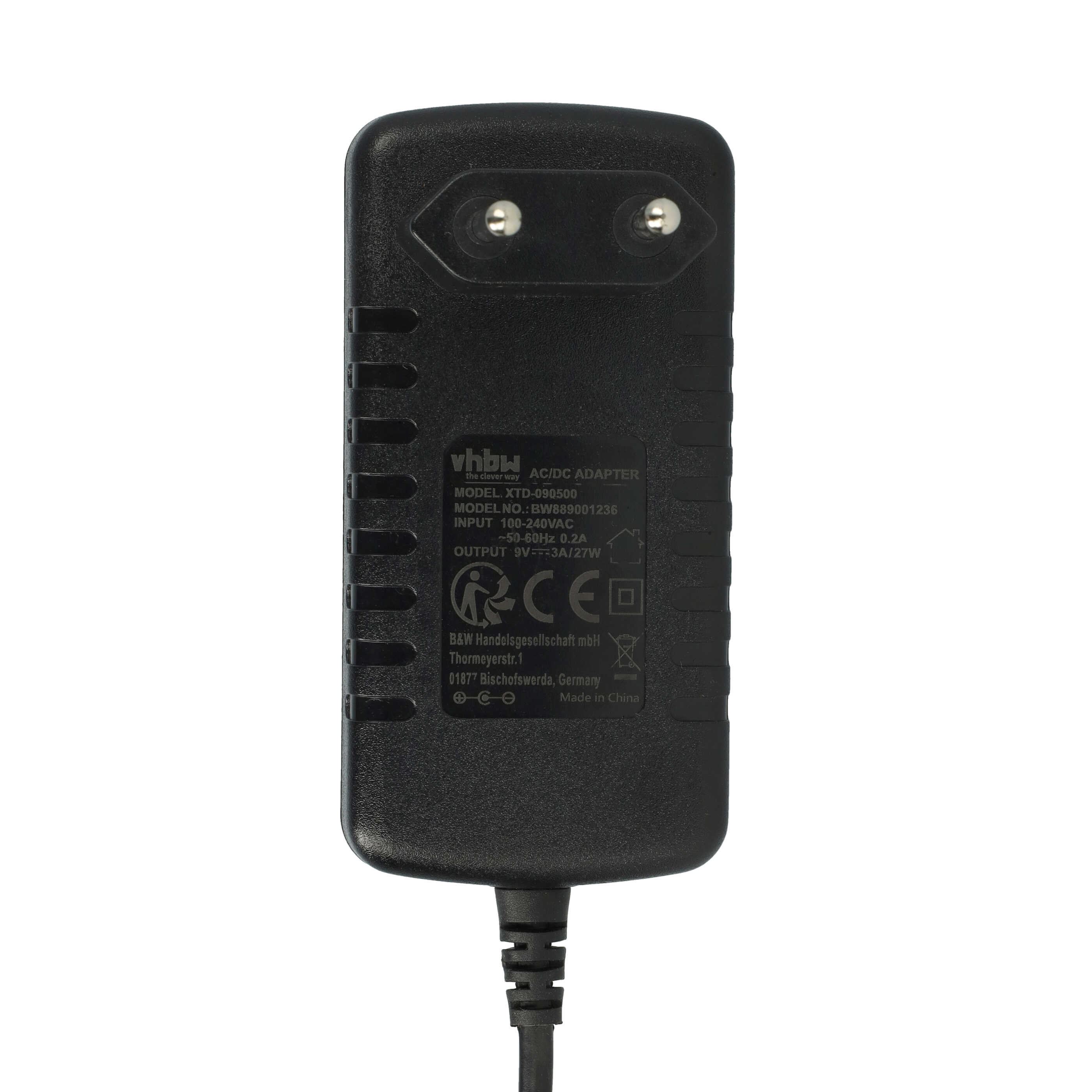 Schwarzes AC/DC-Netzteil mit Euro-Stecker und aufgedruckten technischen Daten.