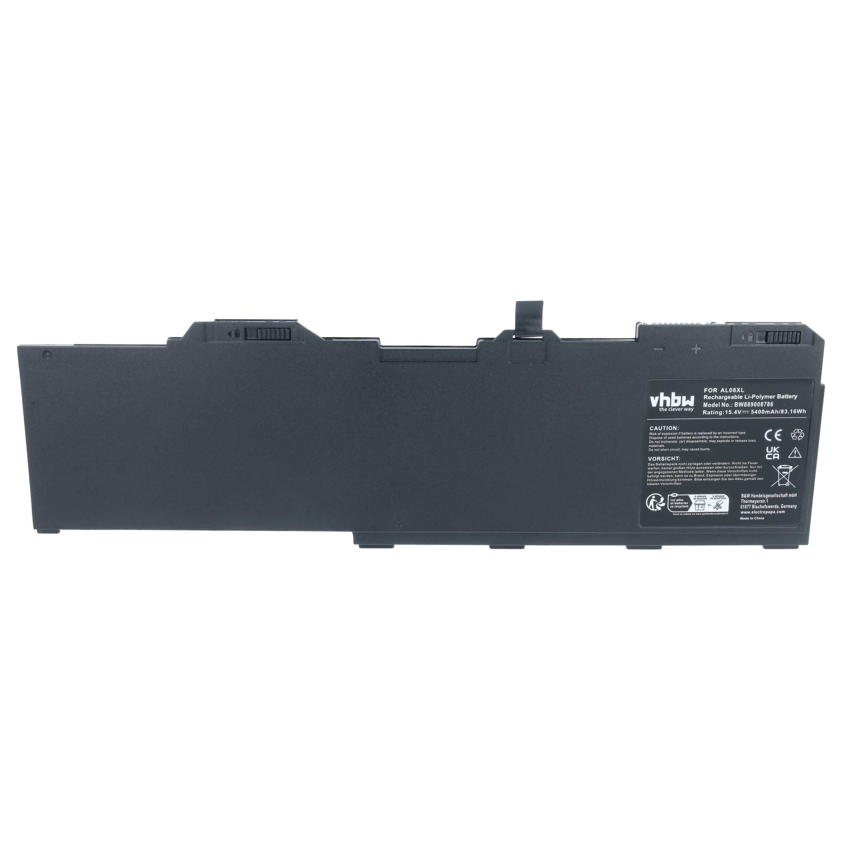 Schwarzer VHBW Laptop-Akku mit technischen Daten und Sicherheitshinweisen auf dem Aufkleber.