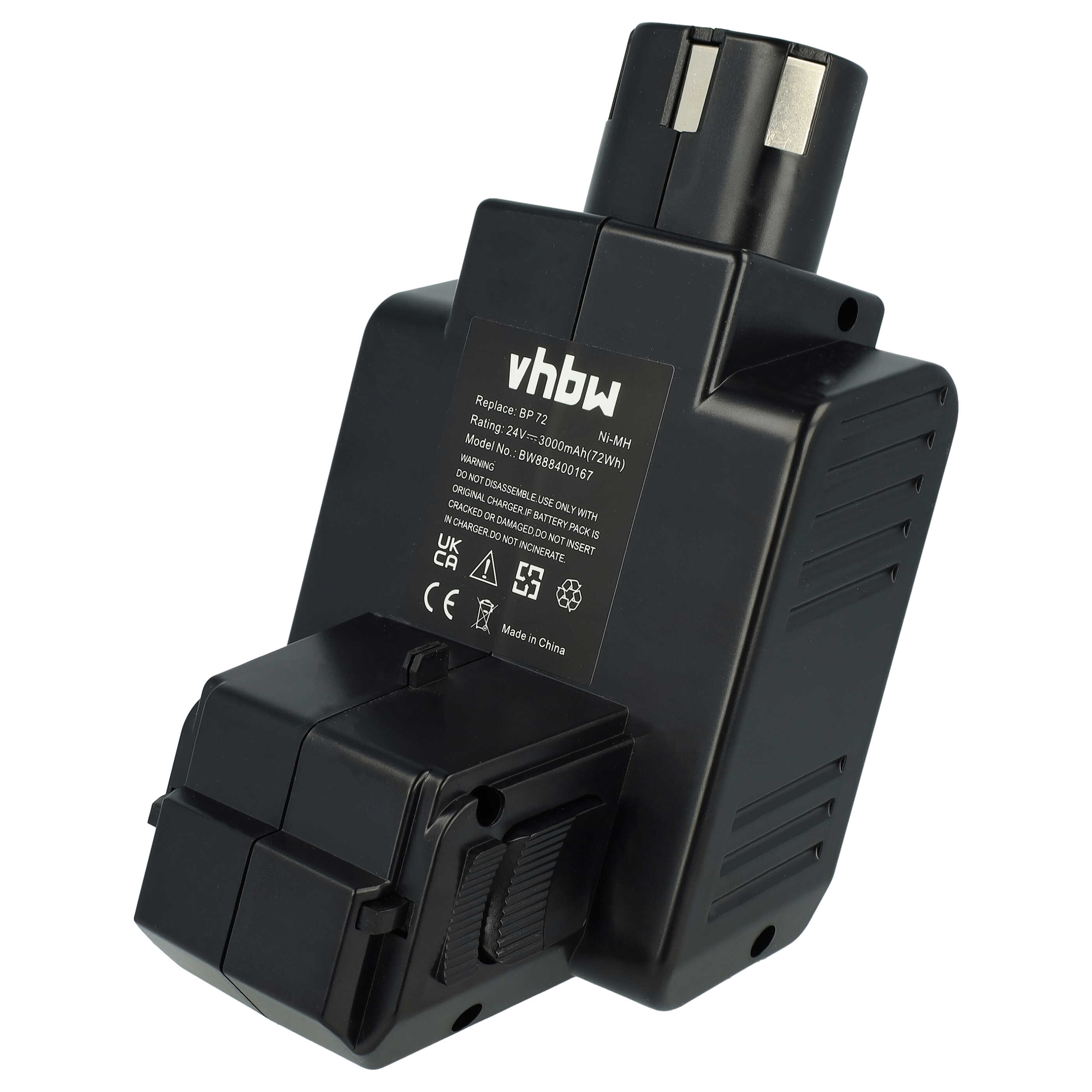 Schwarzer VHBW Akku 24V mit Etikett und silbernen Kontakten.