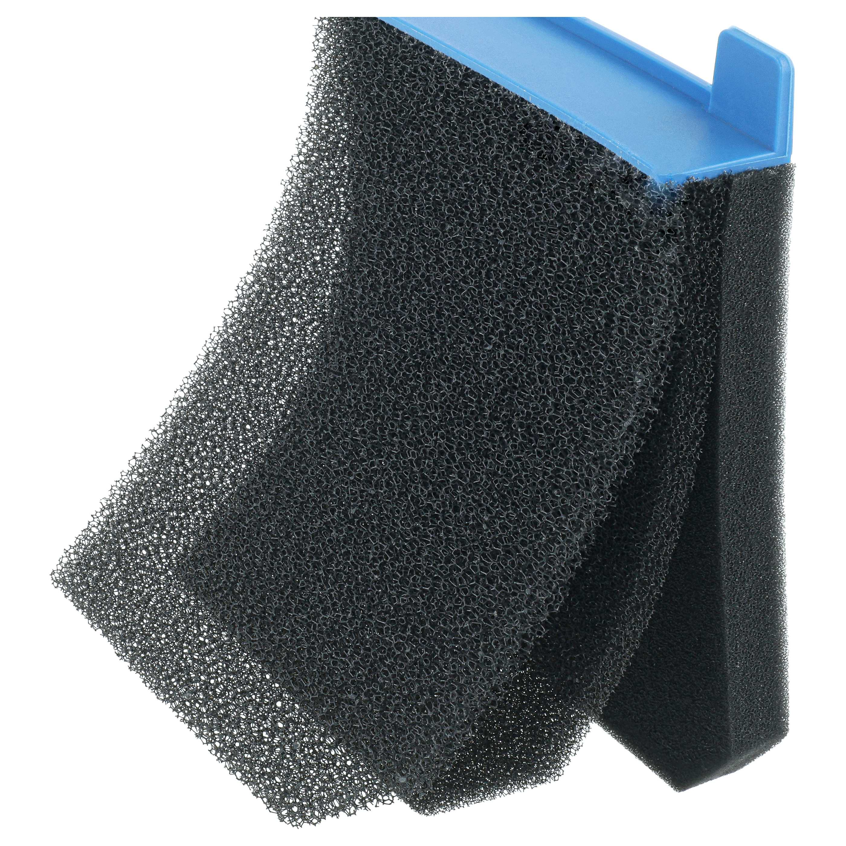 Ein schwarzer Schaumstofffilter an einem blauen Kunststoffhalter vor weißem Hintergrund.