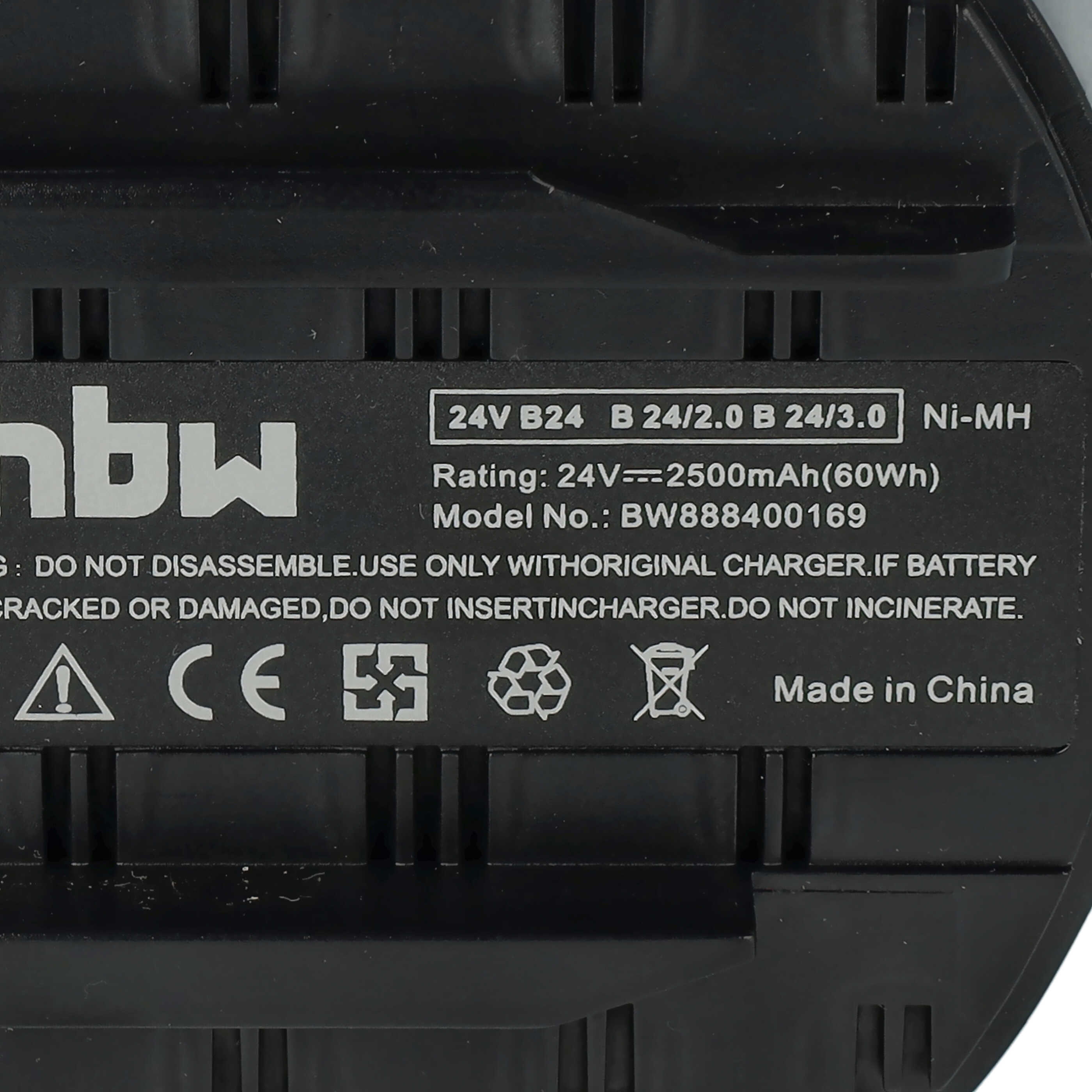 Nahaufnahme eines schwarzen Ni-MH AkkuEtiketts mit 24V, 2500mAh Angabe, Sicherheitshinweisen und Made in China.