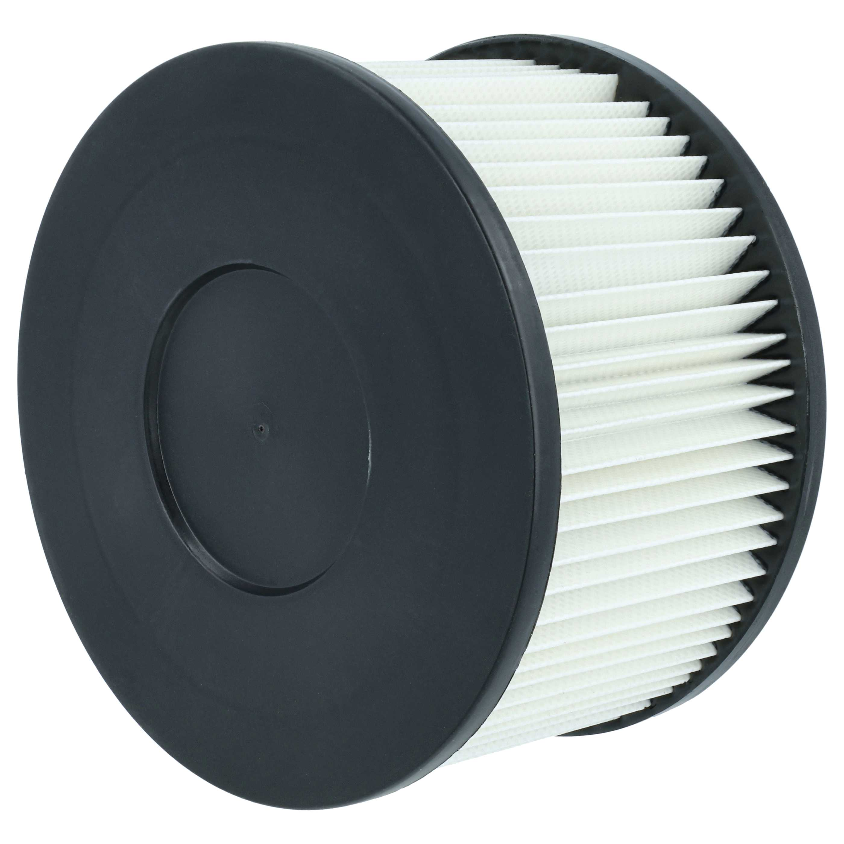 Ein runder zylindrischer Staubsaugerfilter mit schwarzem Kunststoffrahmen und weißem Faltenfilter.