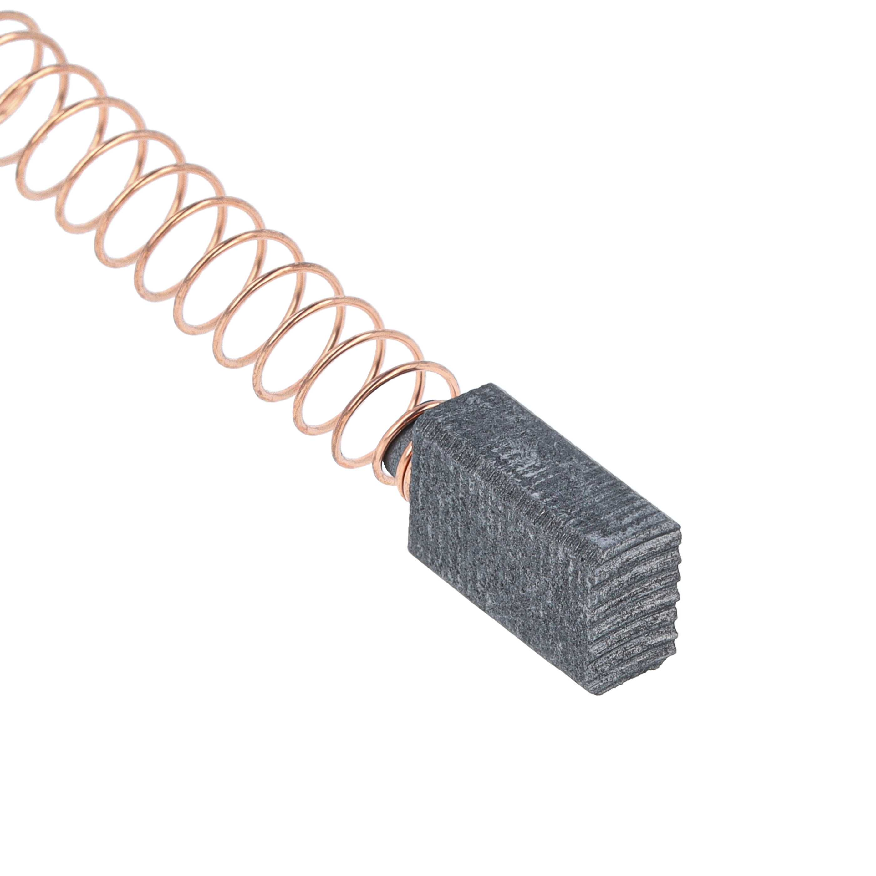 Eine Graphit-Kohlebürste mit einer kupferfarbenen Spiralfeder vor weißem Hintergrund.