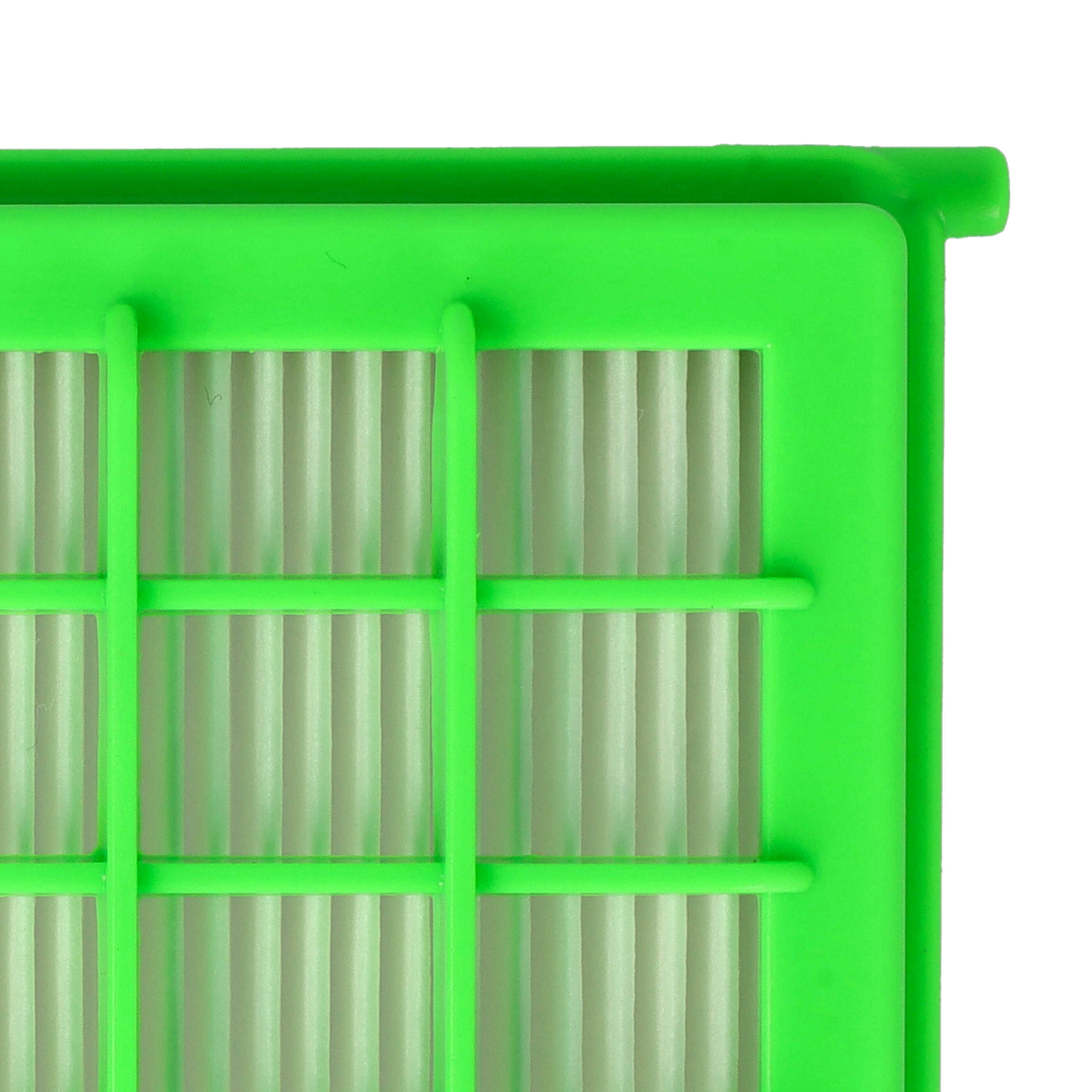 Ein Nahfoto eines grünen Kunststofffilters mit weißem Faltenmaterial auf einem weißen Hintergrund.