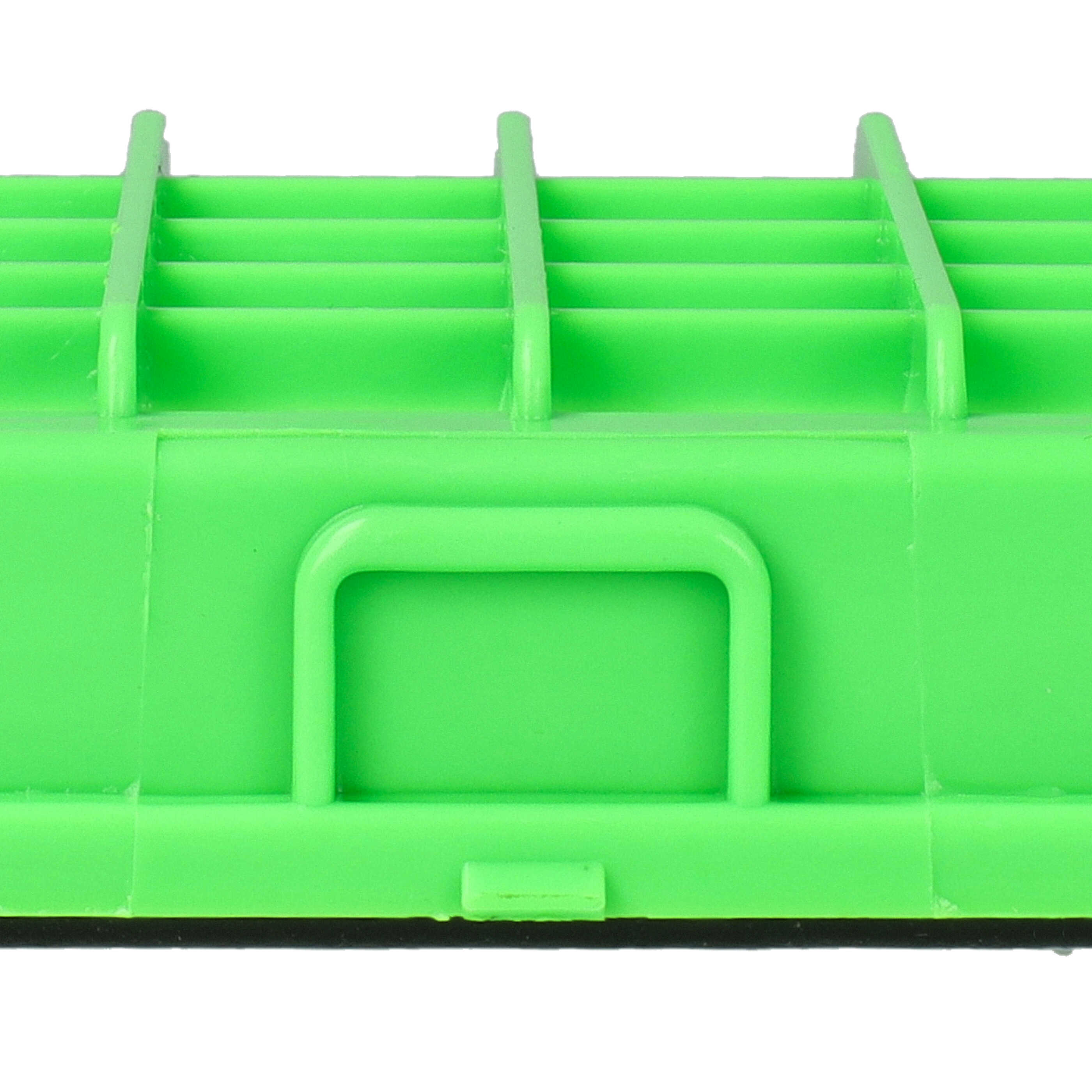 Ein grünes Plastikobjekt mit Rillen und einem kleinen Griff vor weißem Hintergrund.