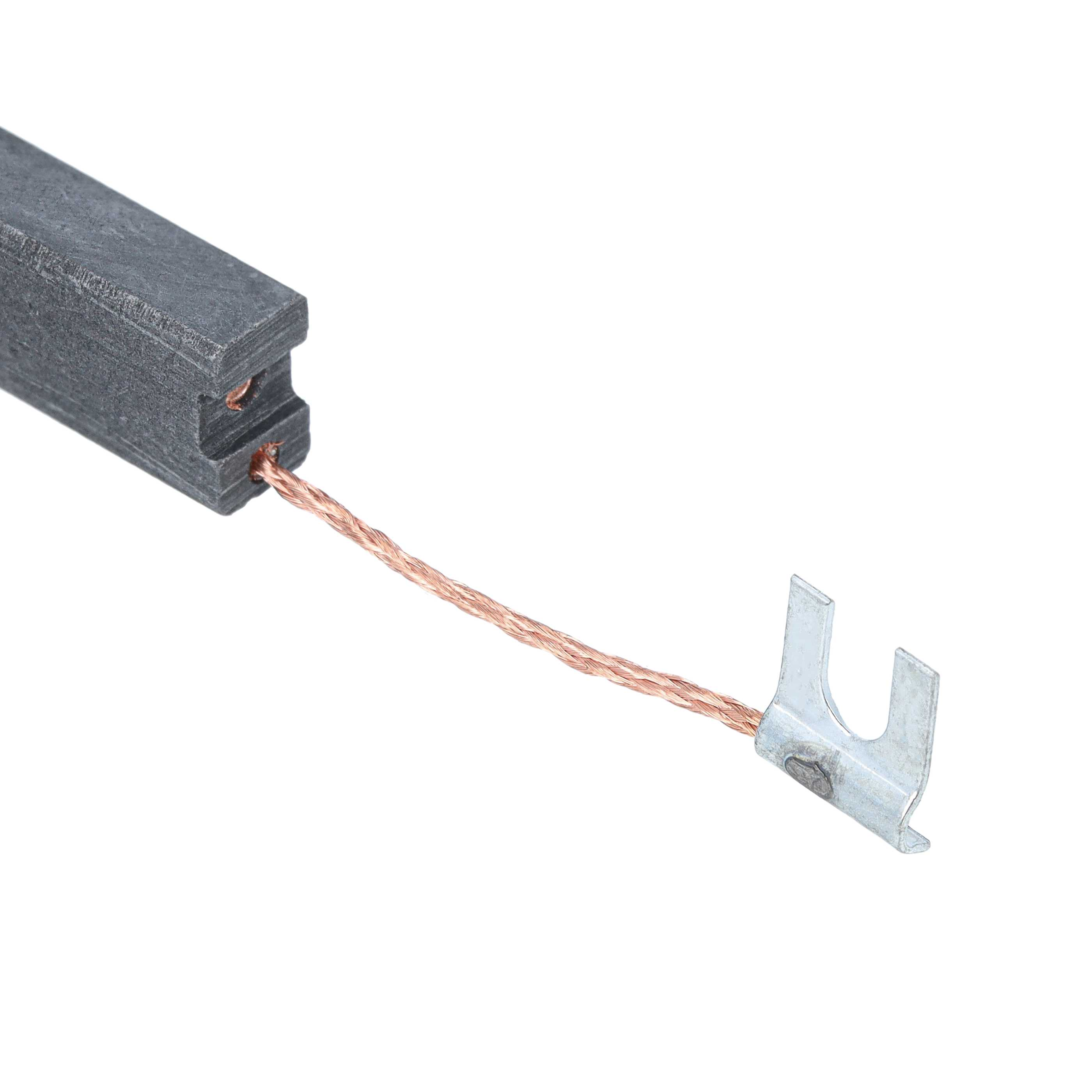 Eine rechteckige Kohlebürste mit einem Kupferdraht und einer Metallkabelschlaufe auf weißem Hintergrund.