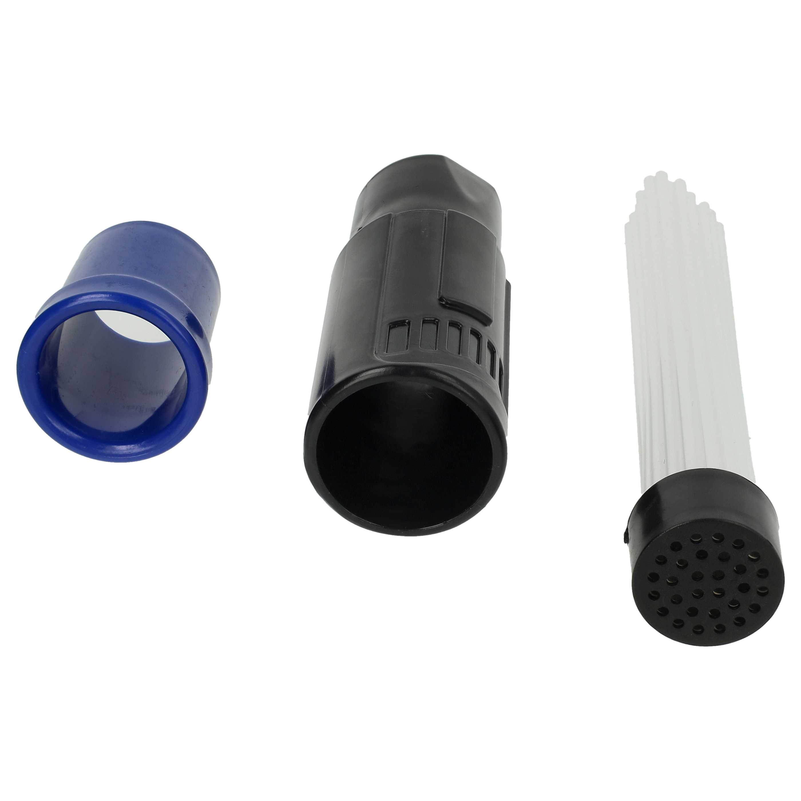 Drei Staubsaugerzubehörteile auf weiß: ein blauer Adapter, eine schwarze Düse und eine lange Bürste.
