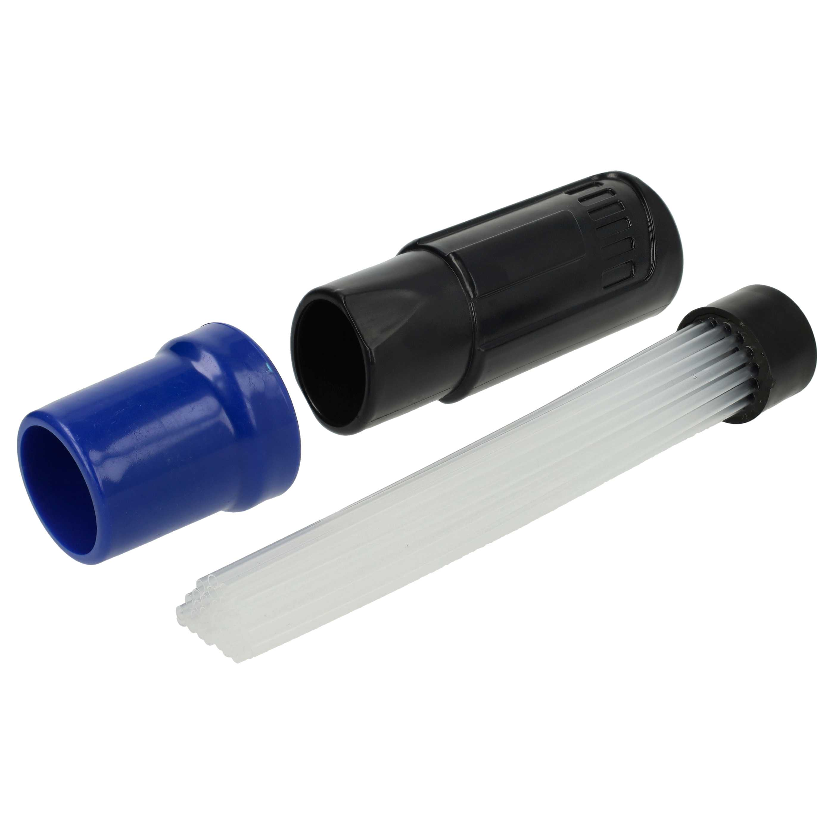 Ein blauer Konnektor, ein schwarzes zylindrisches Teil und ein Bündel dünner Röhrchen liegen auf weißem Grund.