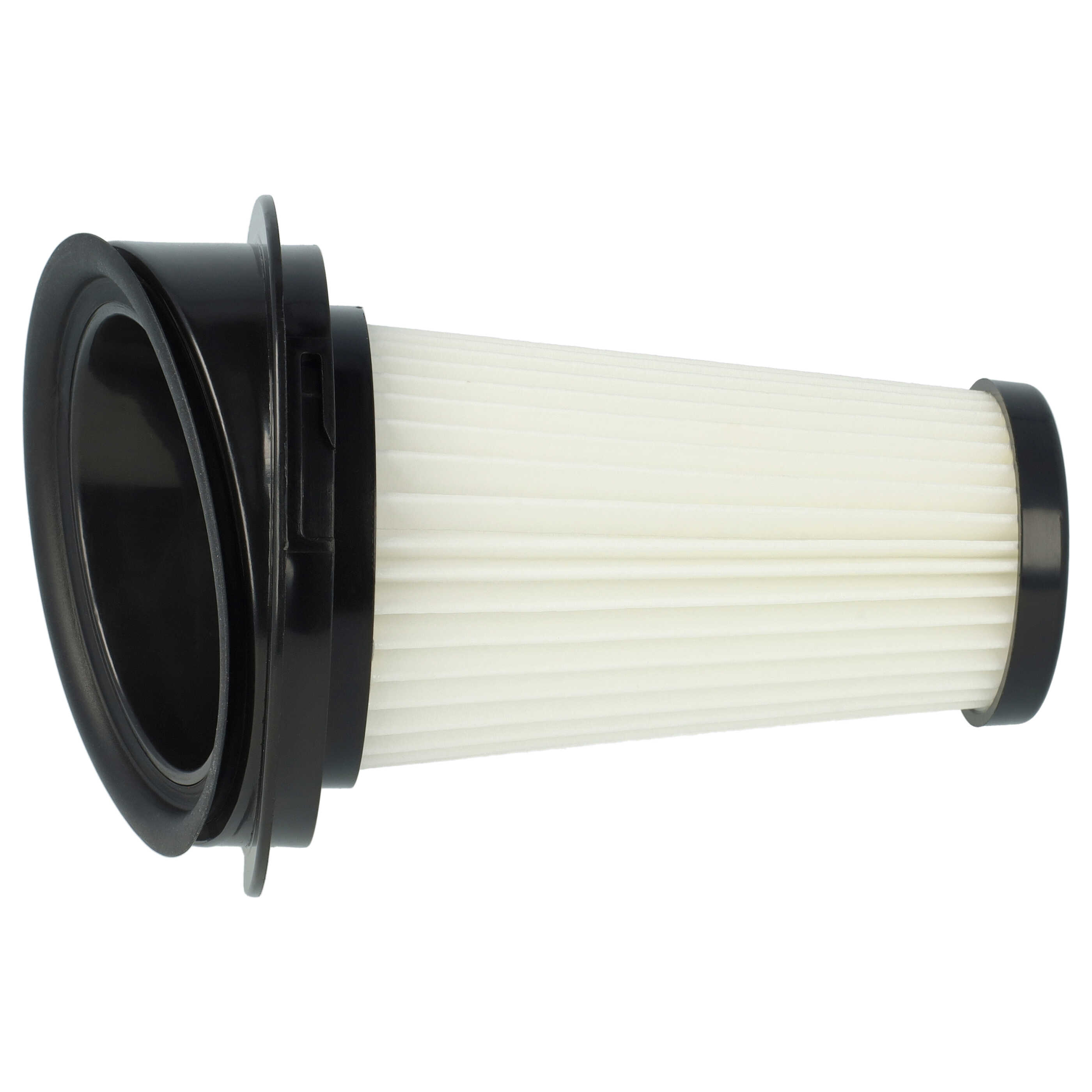 Ein zylindrischer Staubsaugerfilter mit schwarzer Kunststoffhalterung und weißem Faltenfilter.