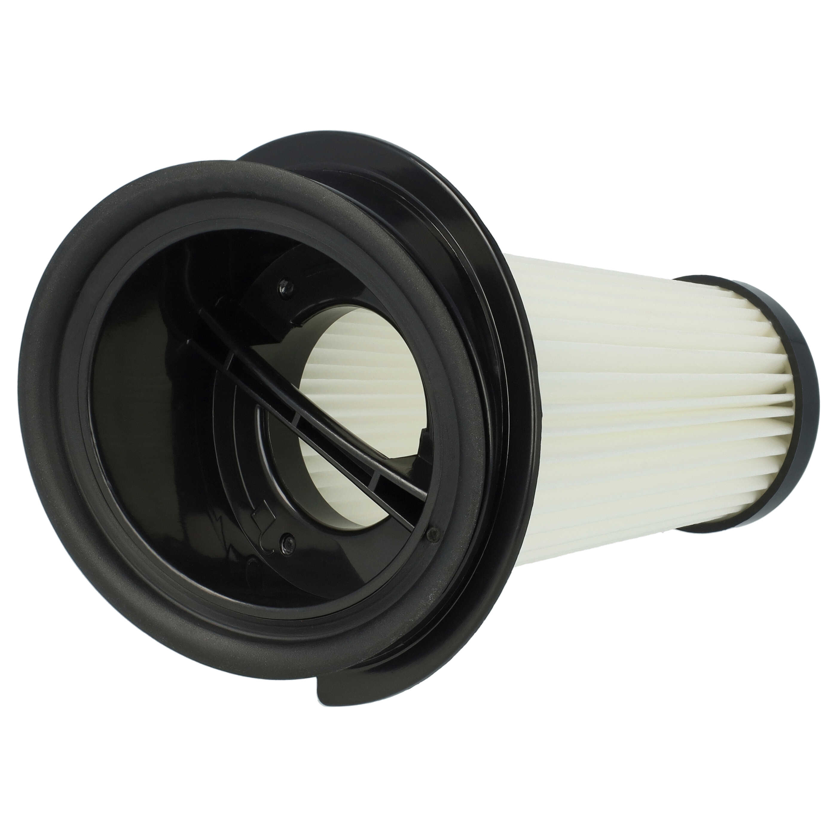 Ein zylindrischer Staubsaugerfilter mit schwarzem Plastikrahmen und weißem Faltenfilter.