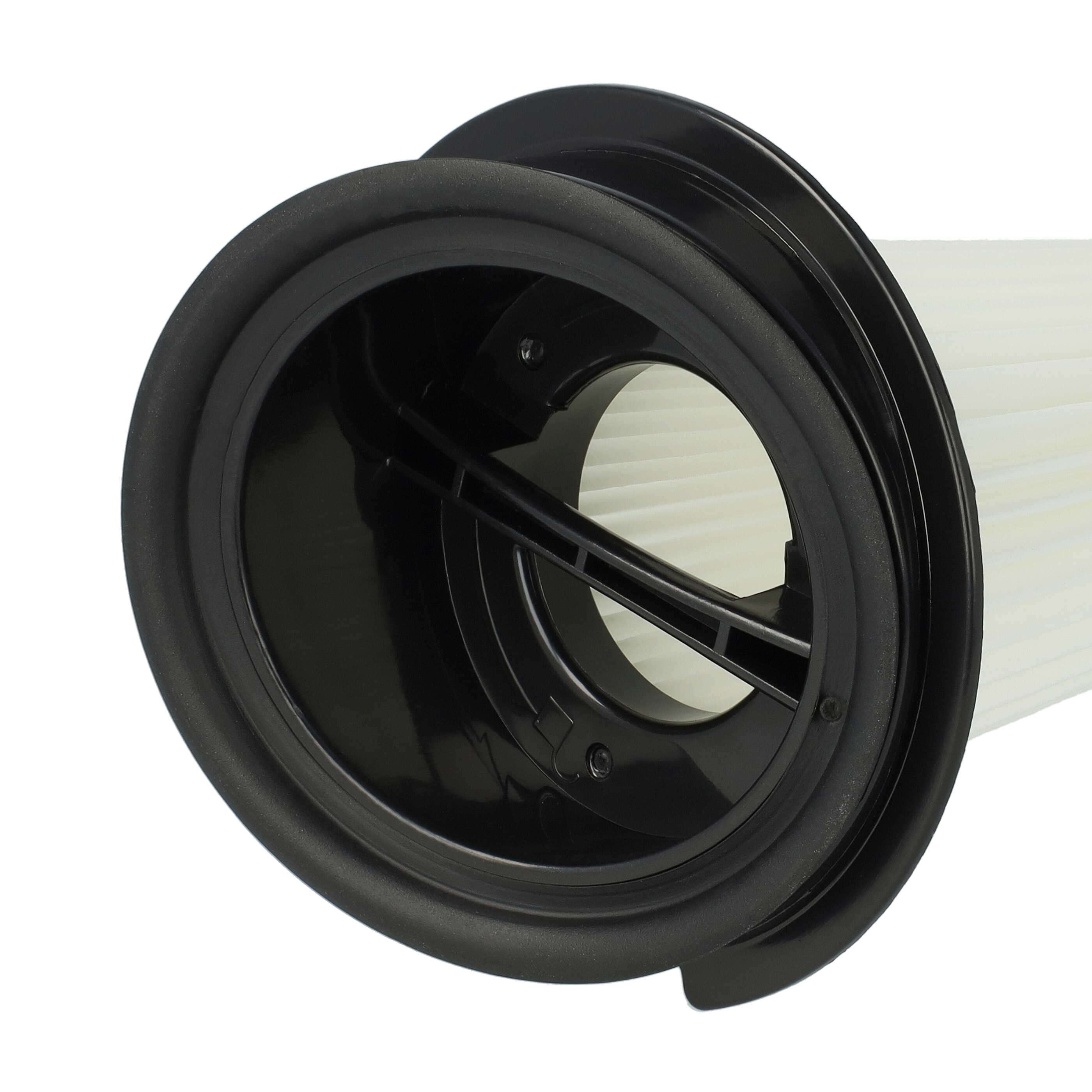 Ein zylindrischer schwarzer Plastikstaubsaugerfilter mit weißem Faltenmaterial auf weißem Hintergrund.