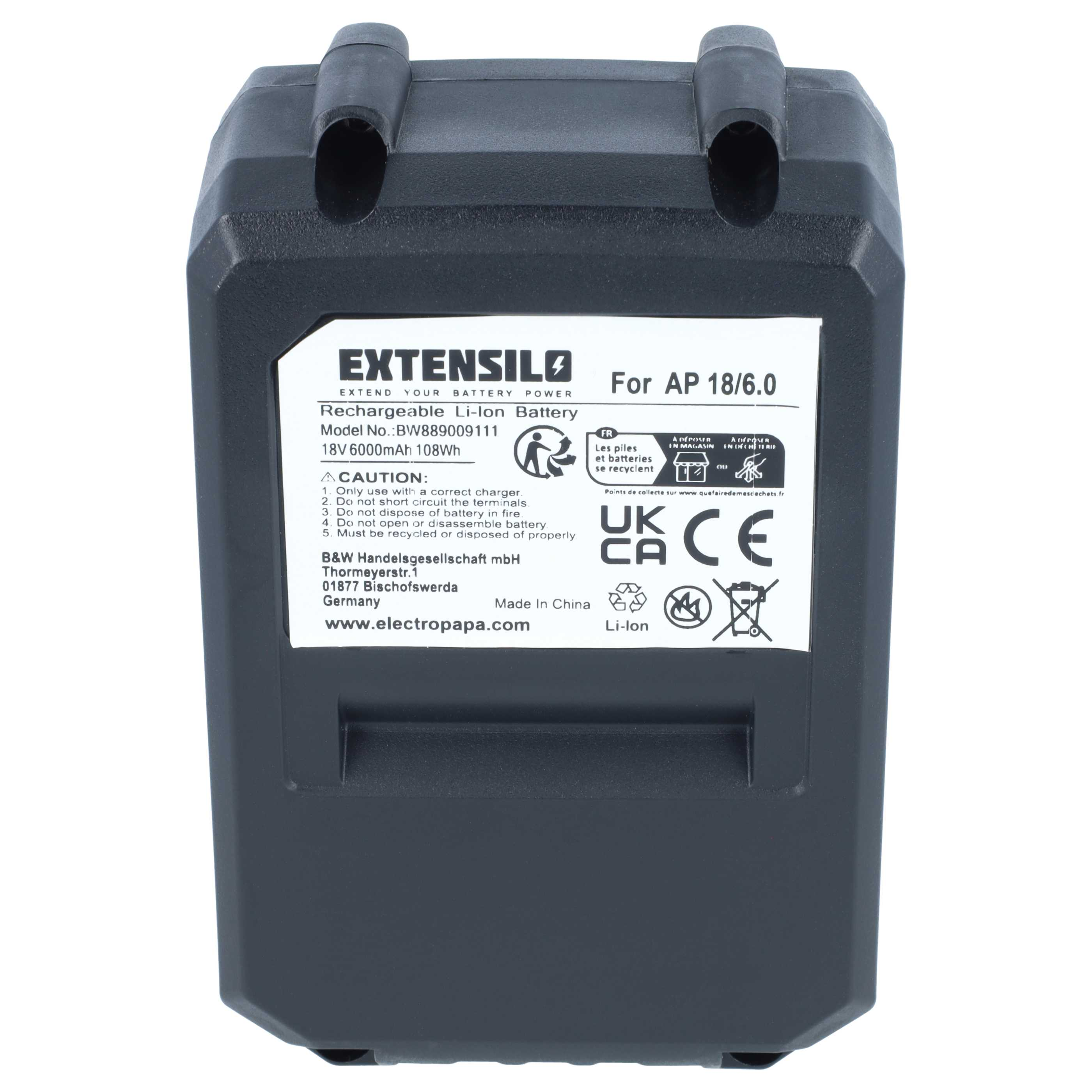 Schwarzer Extensilo Akku mit Etikett, das Technische Daten und Sicherheitshinweise zeigt.