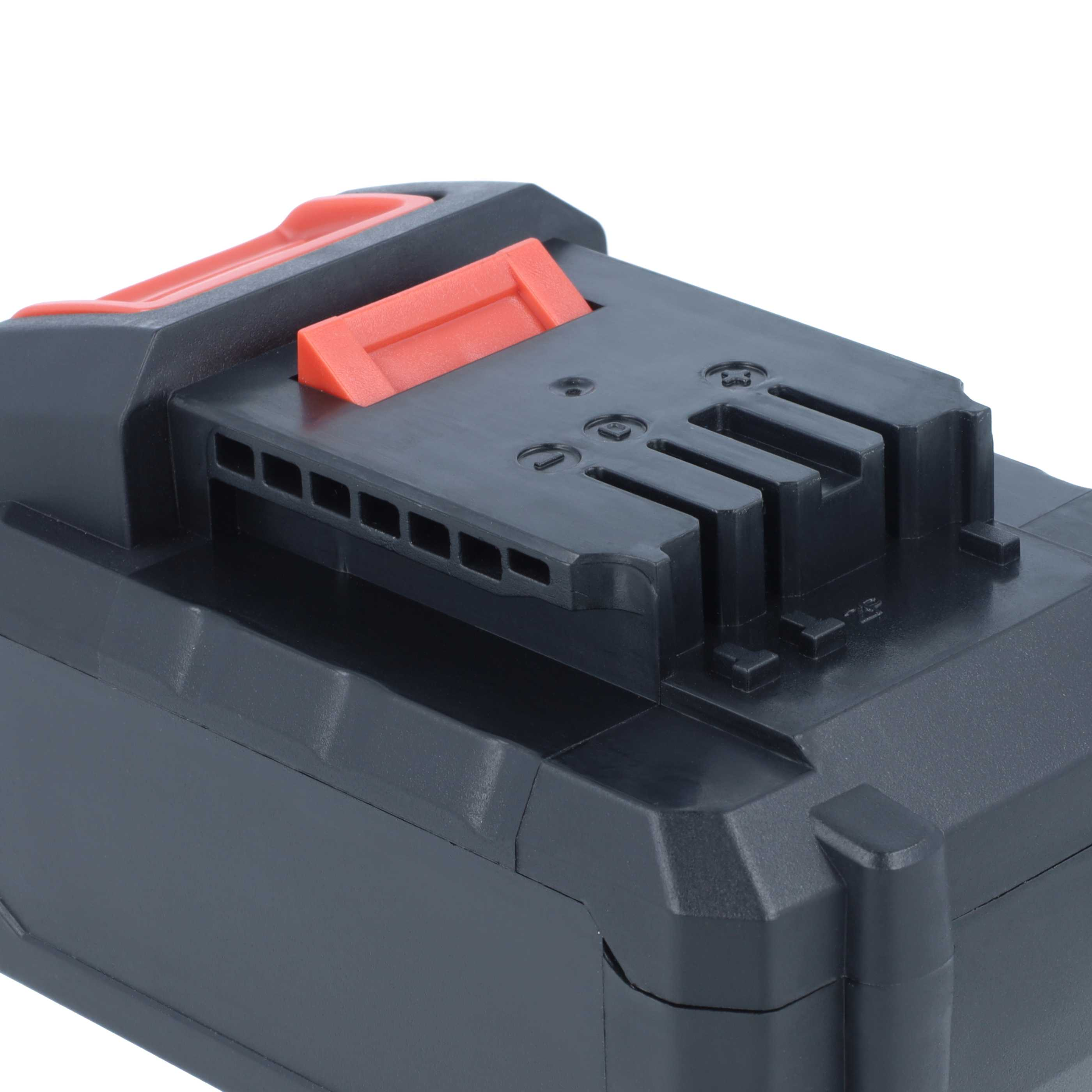 Ein schwarzer Elektrowerkzeugakku mit roten Entriegelungstasten vor weißem Hintergrund.
