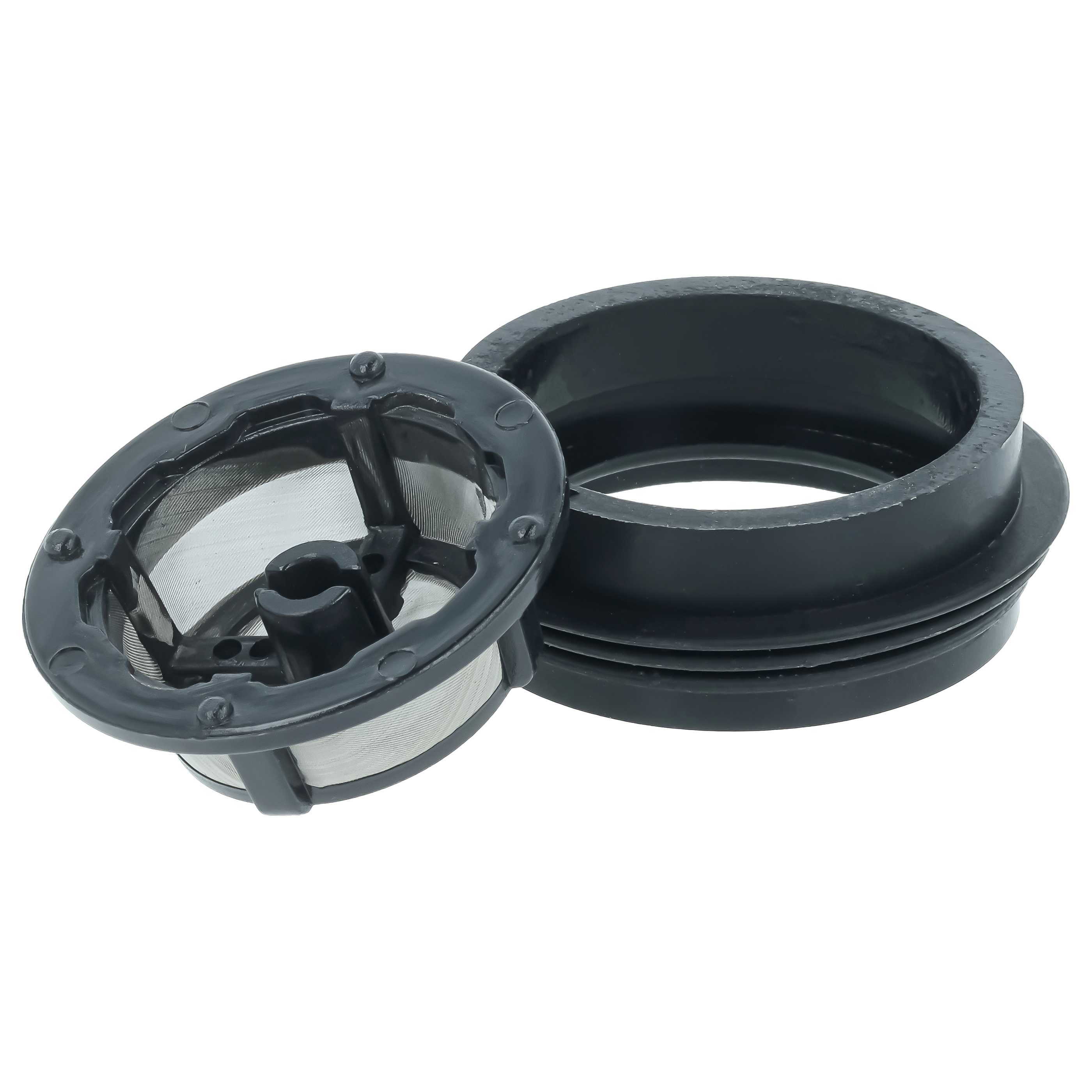 Zwei schwarze Plastikteile: ein runder Netzfilter und eine dicke Gummidichtung vor weißem Hintergrund.