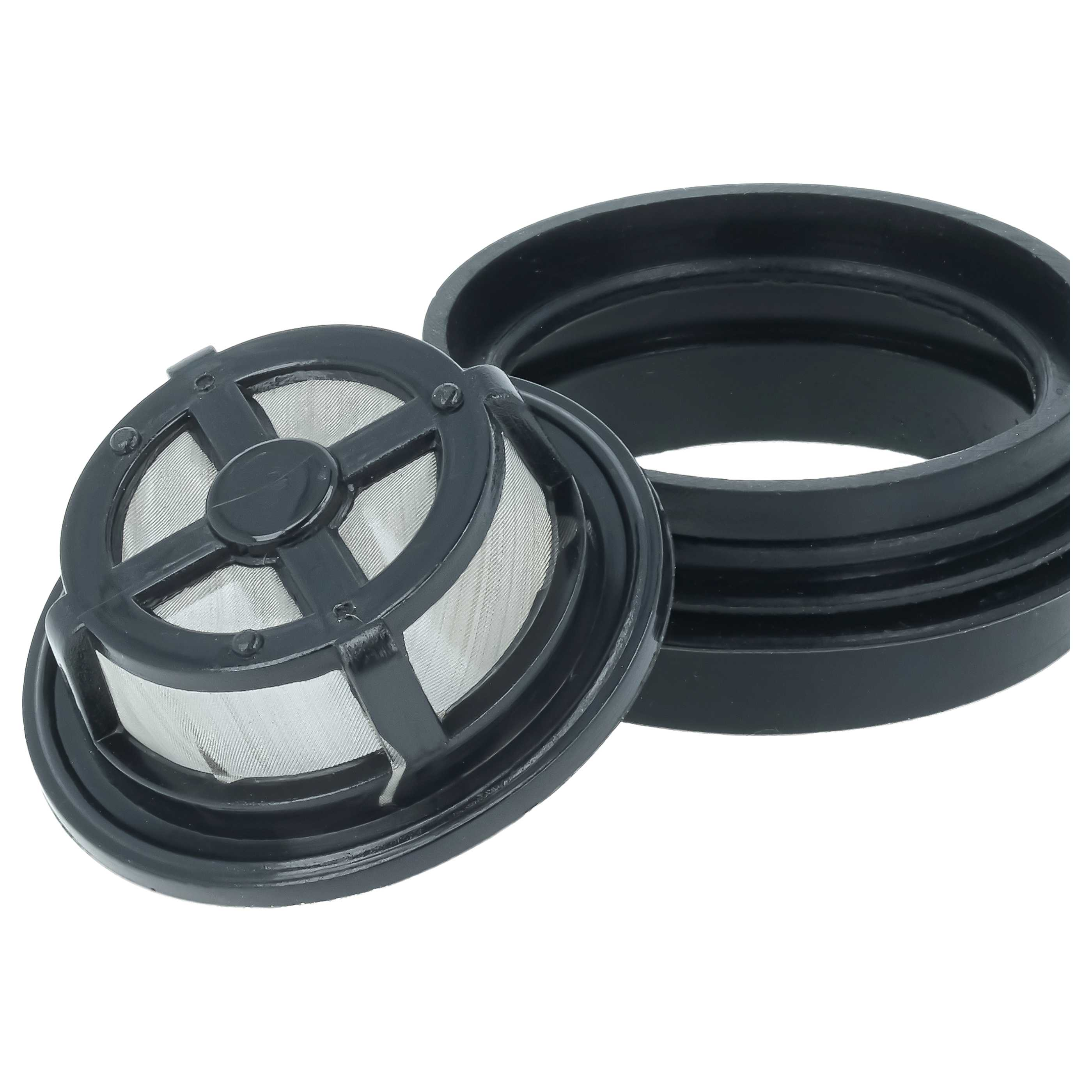 Zwei schwarze Kunststoffteile, ein Filter mit feinem Netz und ein runder Ring, auf weißem Hintergrund.