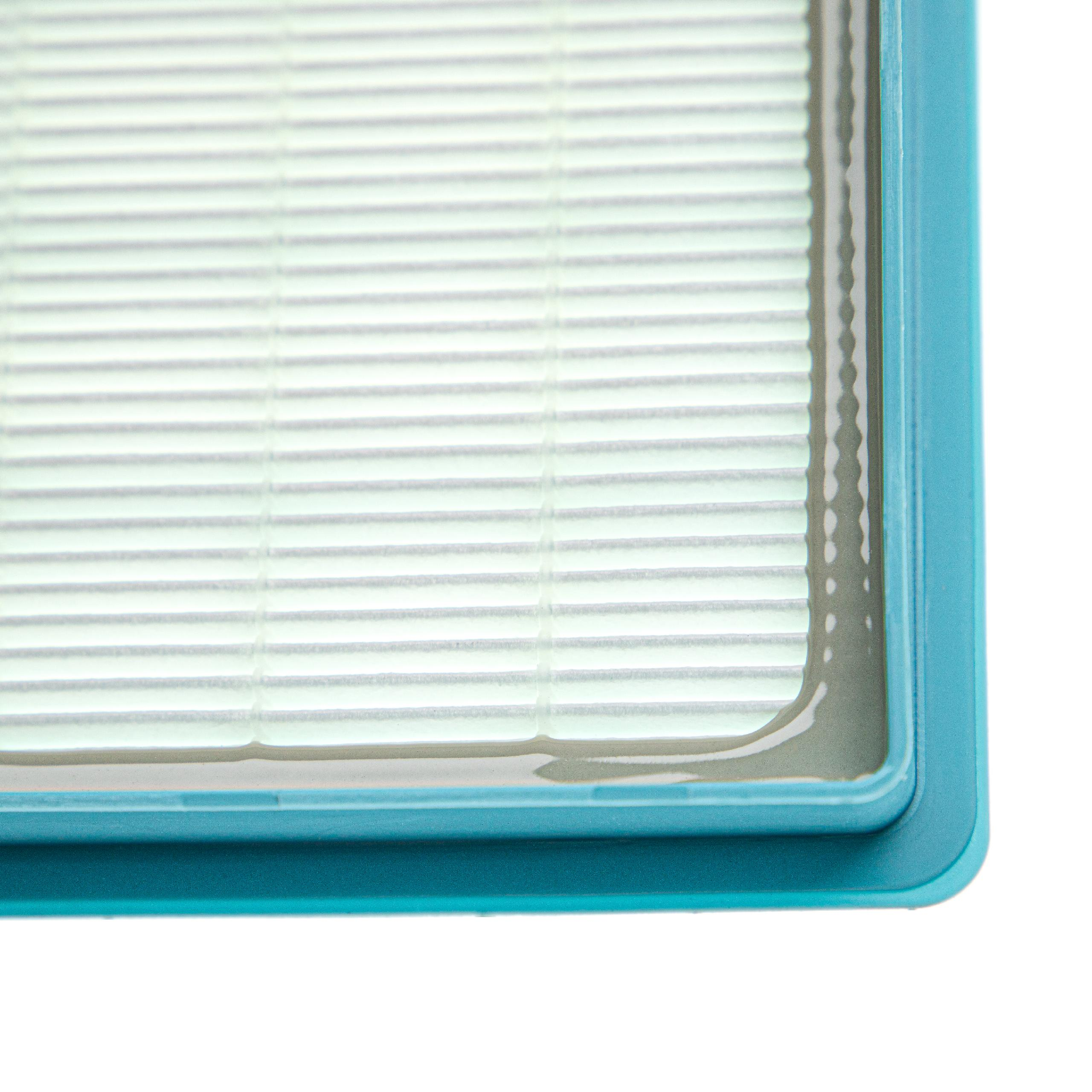 Nahaufnahme eines hellen Luftfilters in einem blauen Rahmen vor weißem Hintergrund.