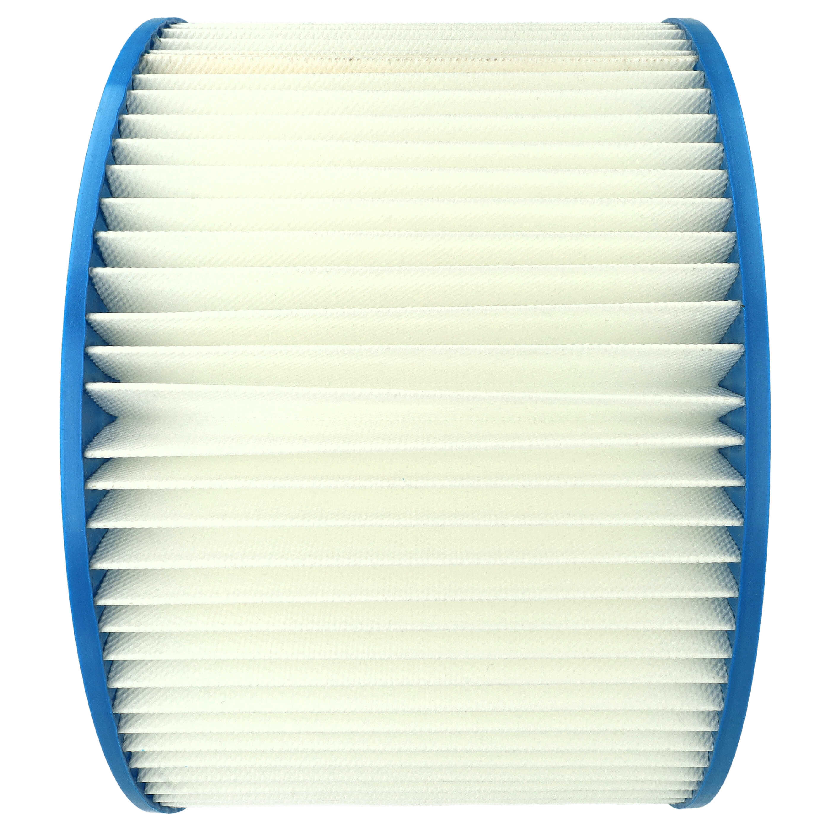 Ein zylindrischer, weißer Faltenluftfilter mit blauen Rändern an beiden Enden auf weißem Hintergrund.