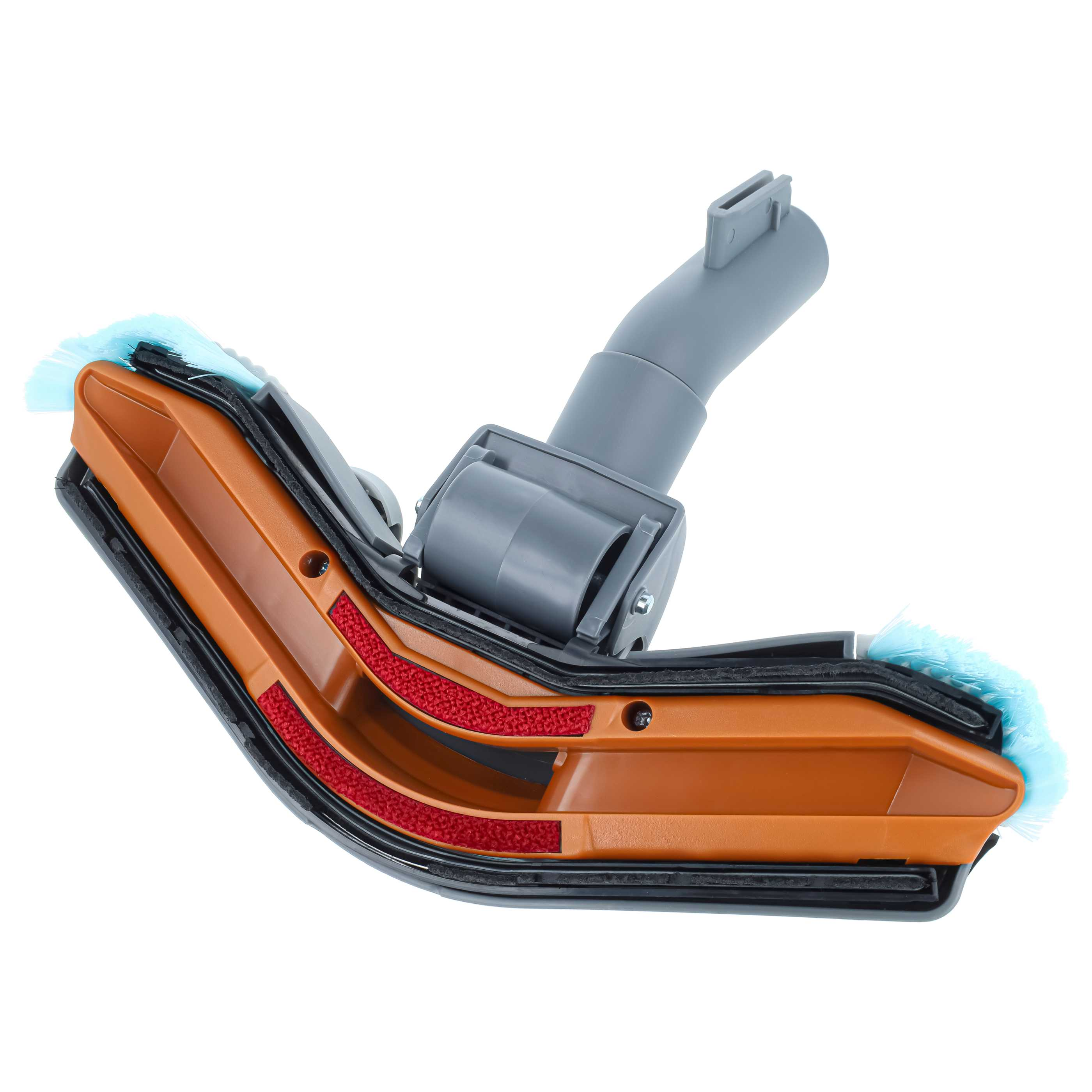 Grauer Staubsauger-Bürstenaufsatz mit orangefarbener Unterseite, roten Streifen und blauen Borsten.