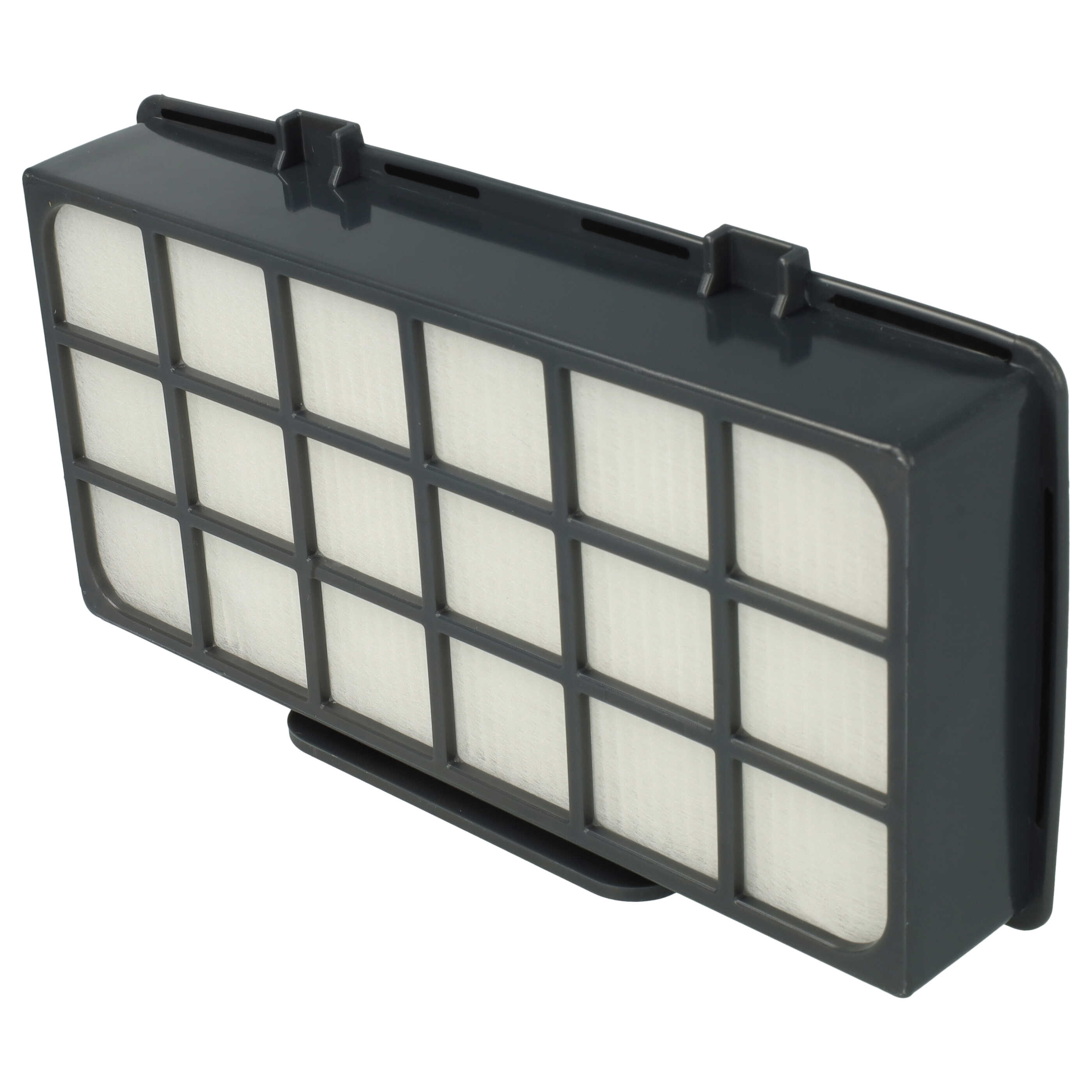 Ein rechteckiger Staubsaugerfilter mit grauem Plastikrahmen und weißem Faltenfilter.