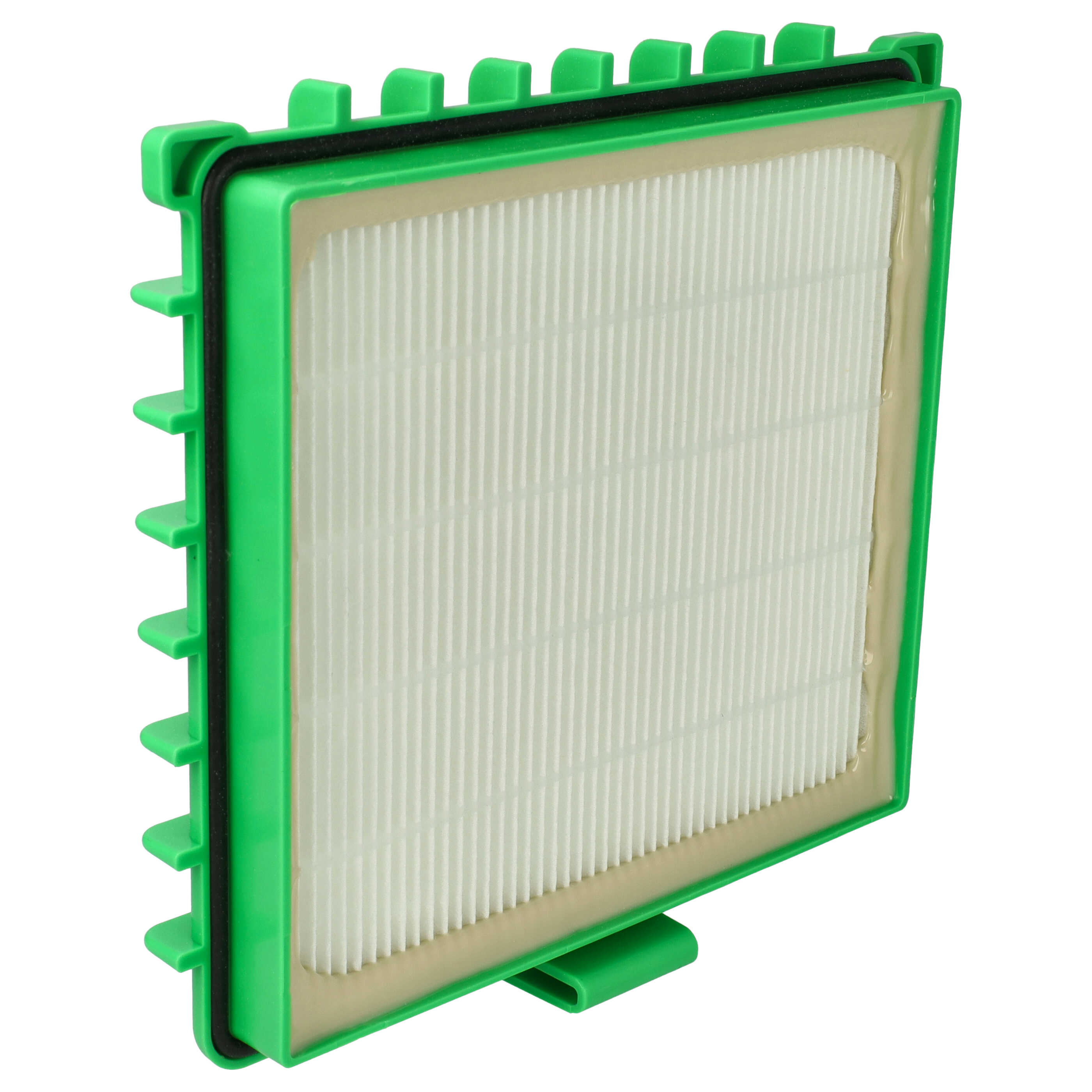 Ein grüner, rechteckiger Luftfilter mit weißem Faltenmaterial und einer schwarzen Gummidichtung.