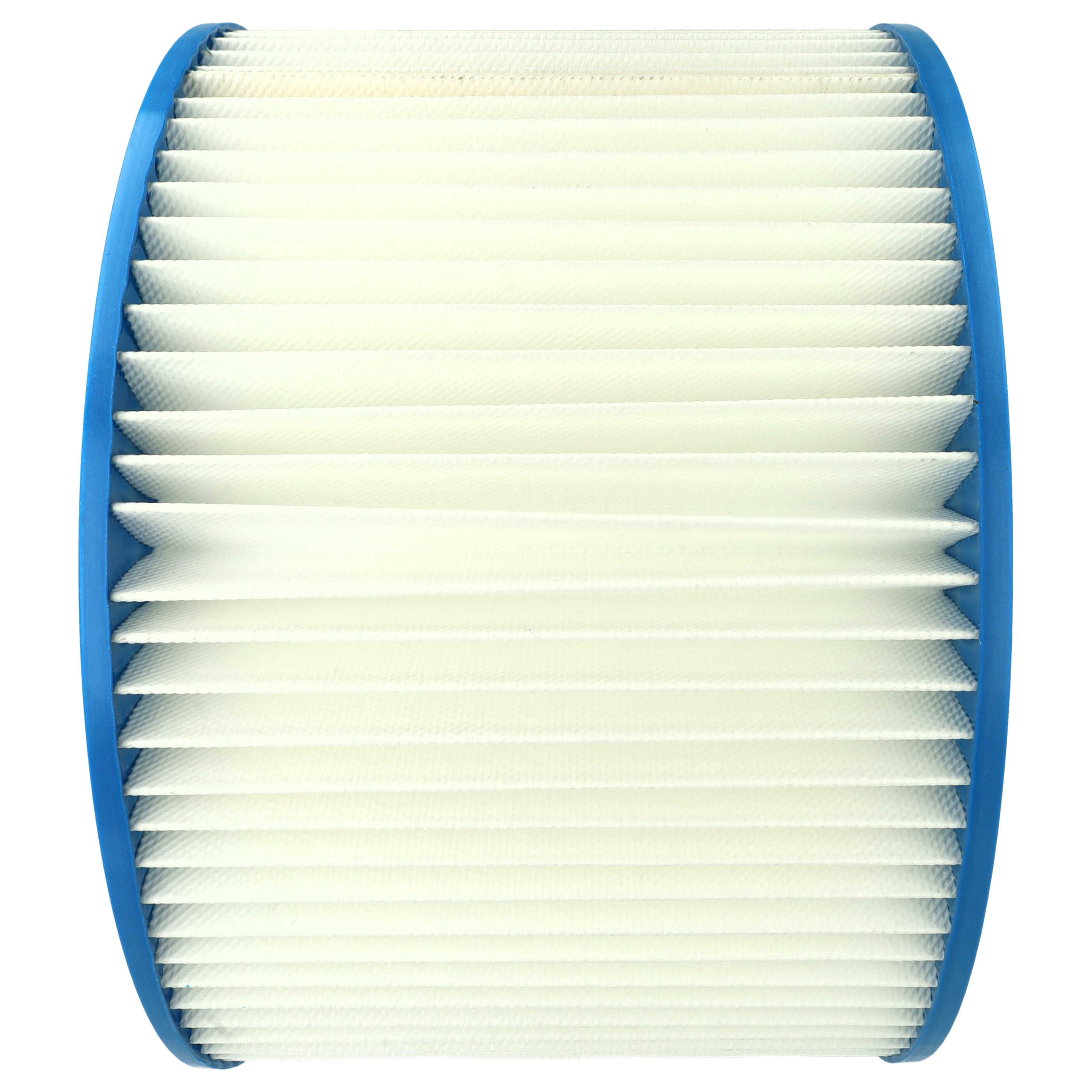 Ein zylindrischer weißer Filter mit blauen Kanten auf weißem Hintergrund.