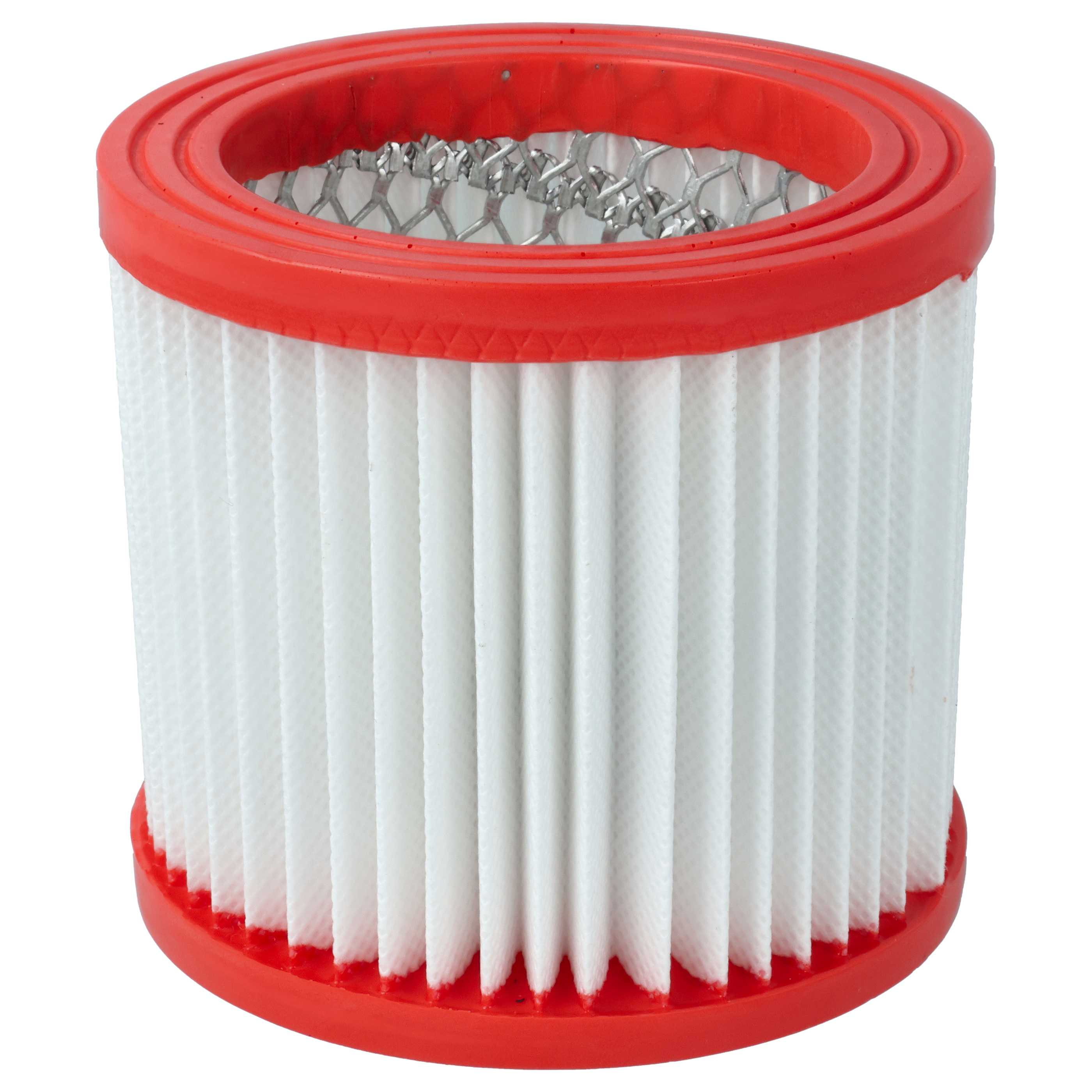Ein zylindrischer, weißer Faltenluftfilter mit roten Kunststoffrändern und Metallgitter.