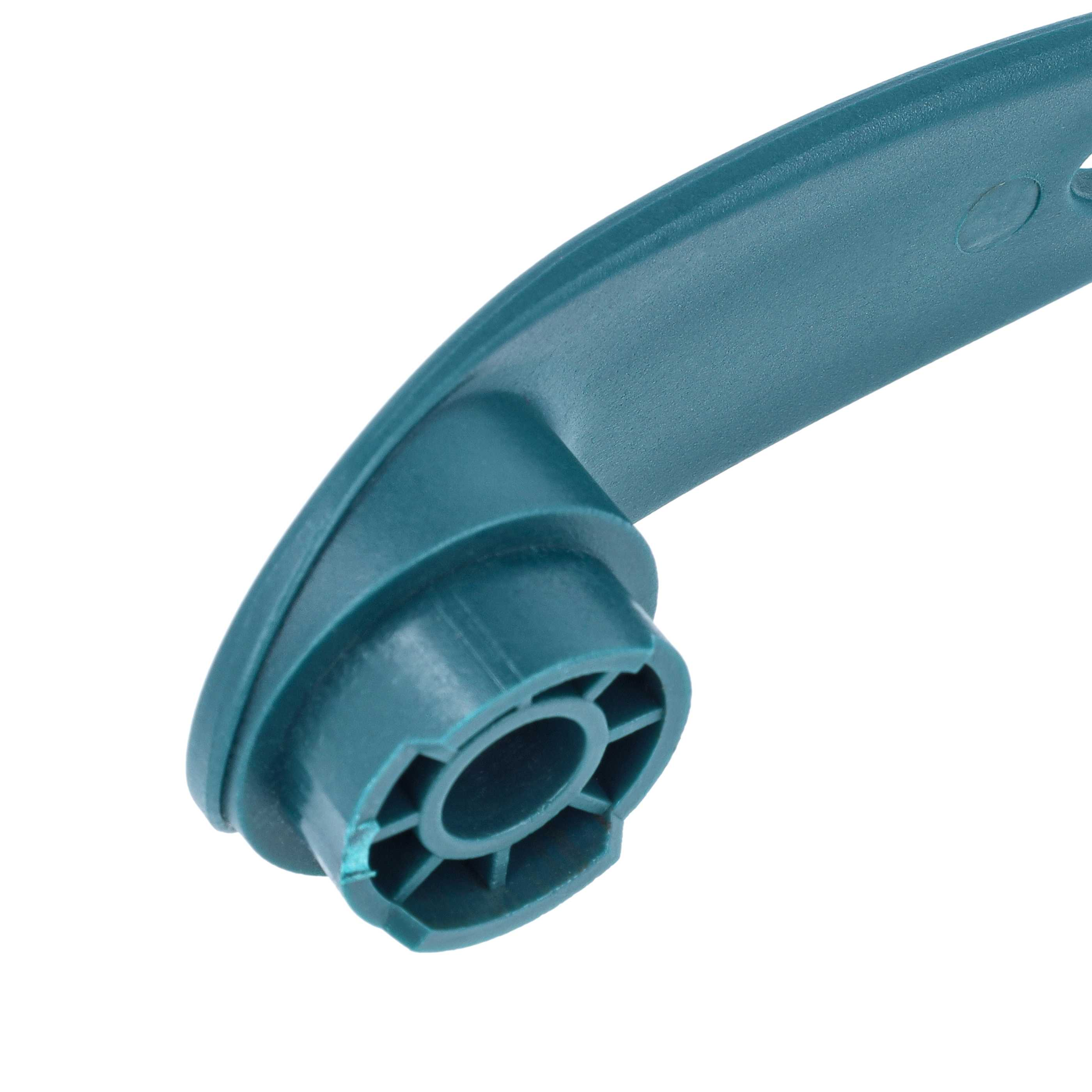Ein blauer Plastikgriff mit einem hohlen, runden Verbindungsstück.