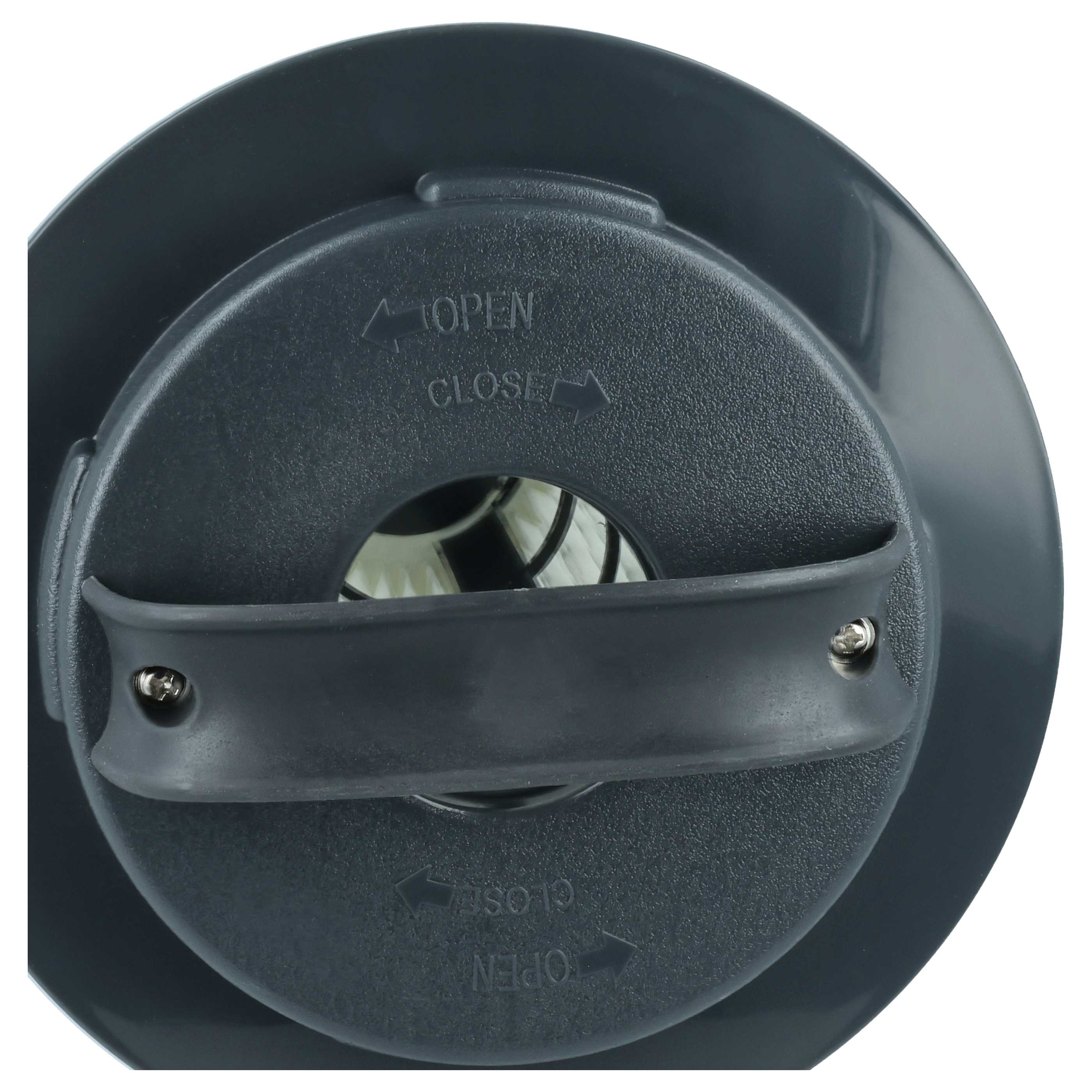 Grauer runder Staubsaugerfilter mit Griff und Öffnungsbeschriftung.