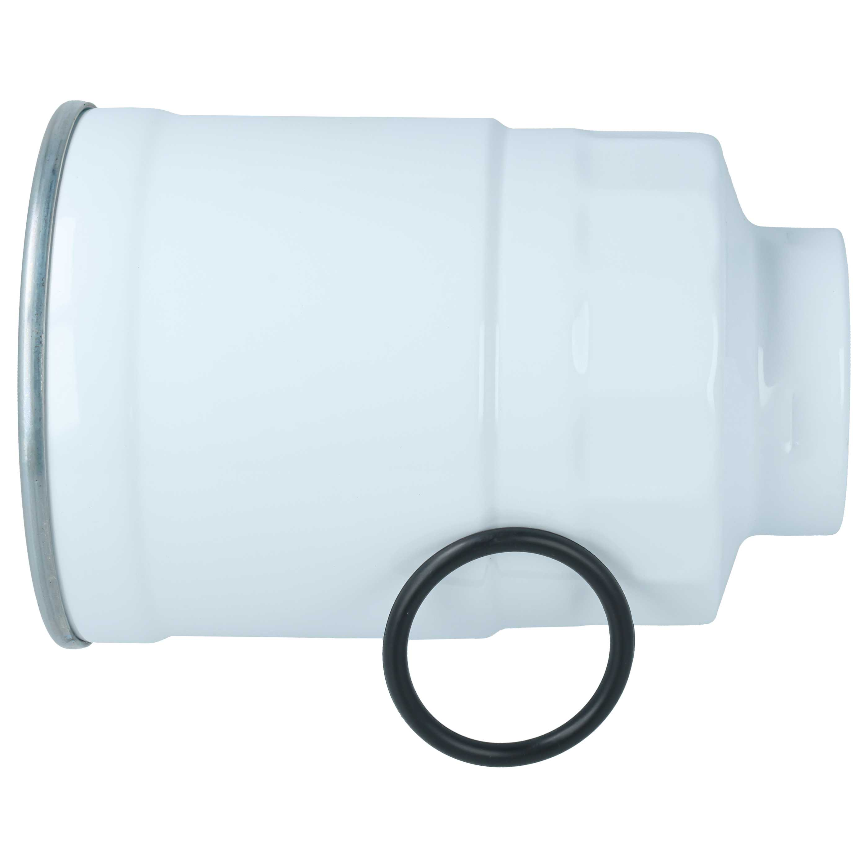 Ein weißer Zylinder mit einem Metallrand und einem separaten schwarzen O-Ring auf weißem Hintergrund.
