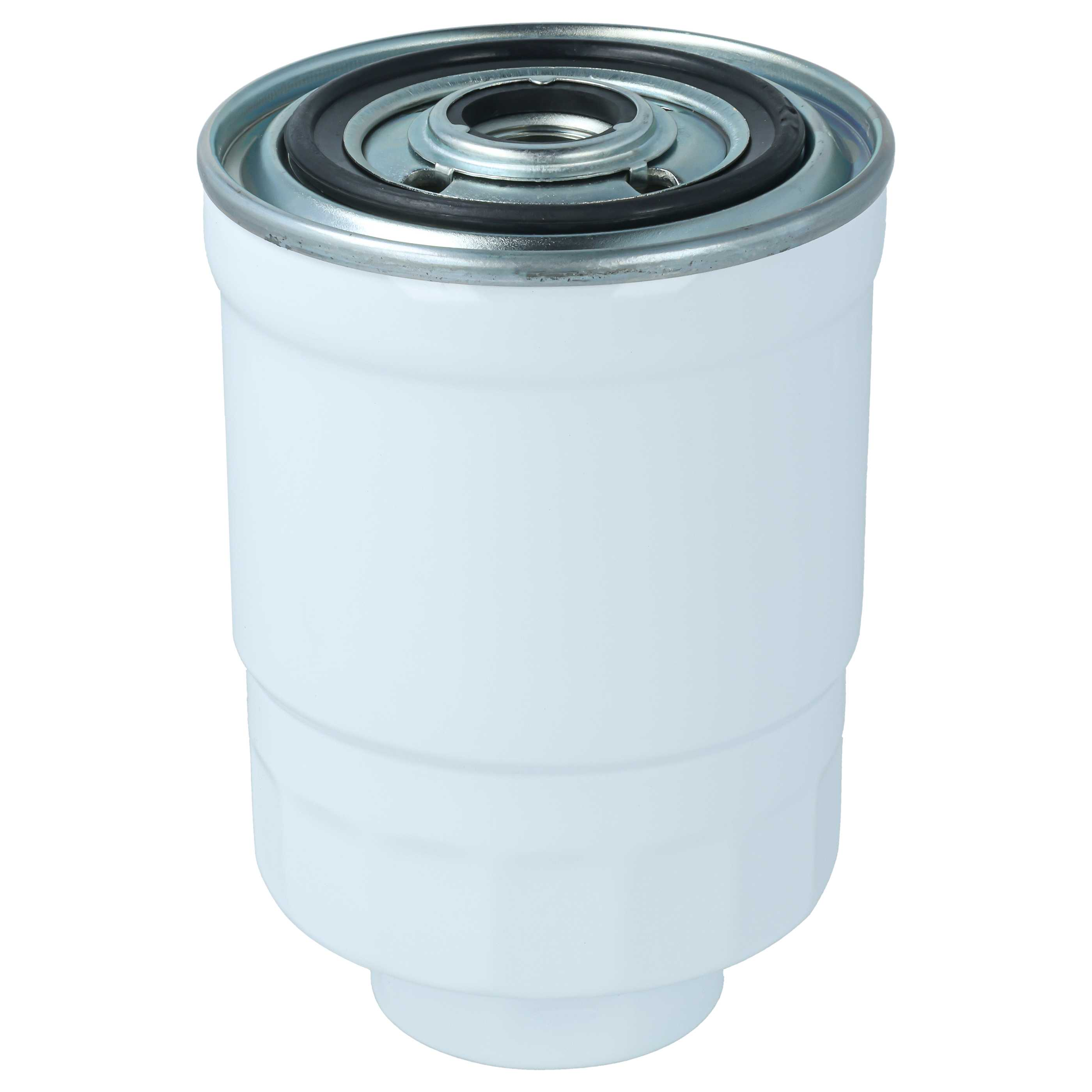 Ein weißer Zylinderfilter mit Metallkanten und schwarzer Gummidichtung auf hellem Hintergrund.