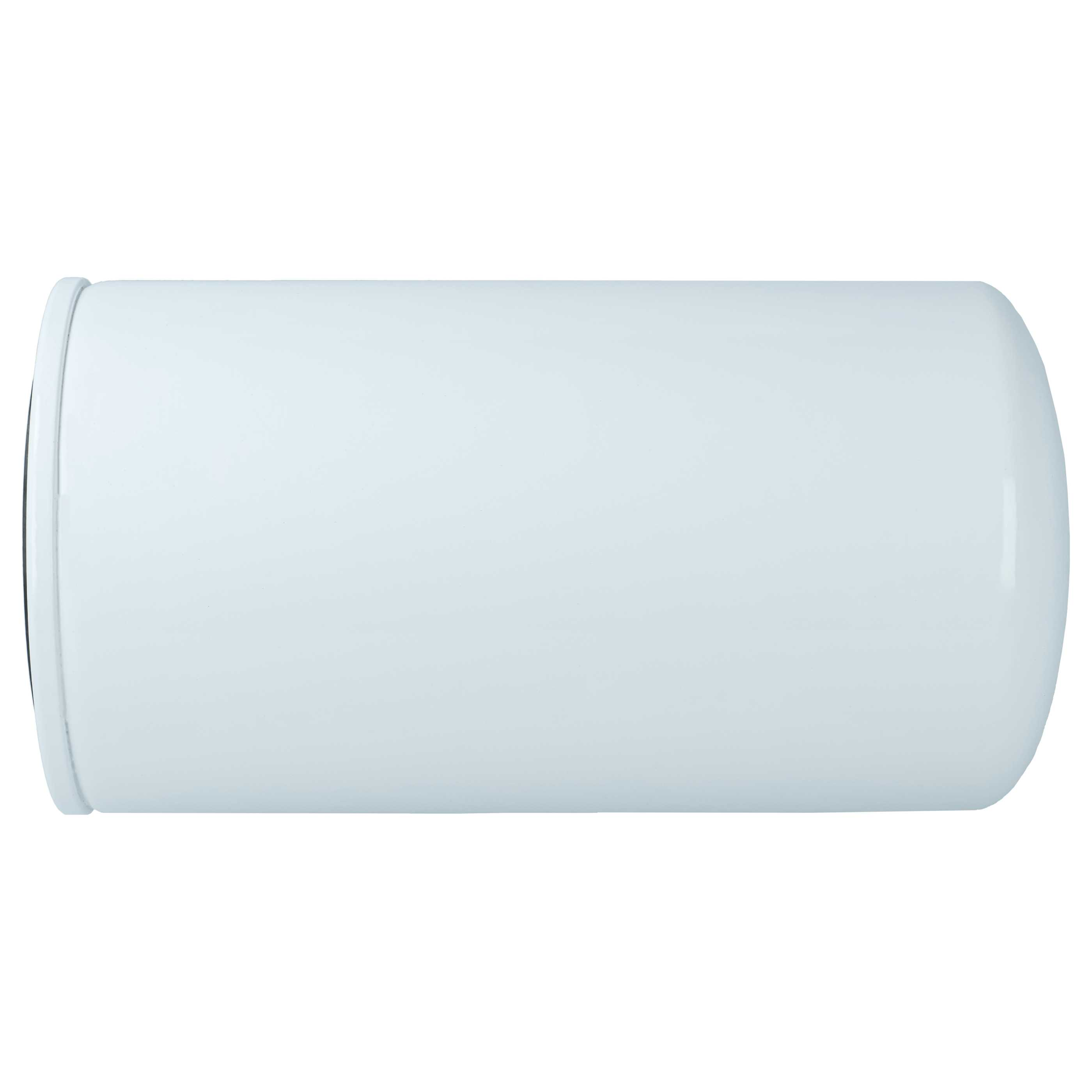 Ein zylindrischer, weißer Metallfilter liegt horizontal auf weißem Hintergrund.