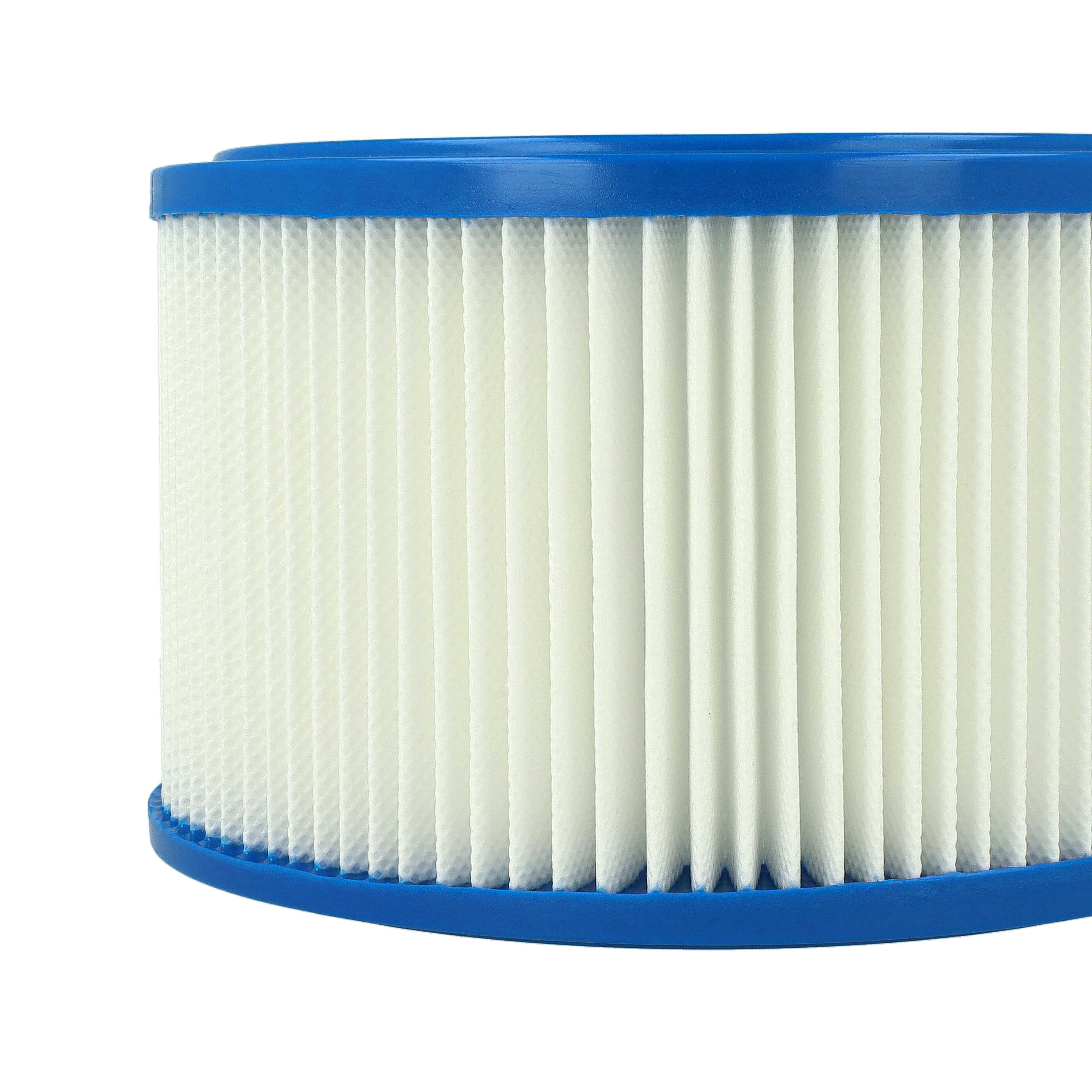 Ein runder blauer und weißer Poolfilter mit Falten auf weißem Hintergrund.