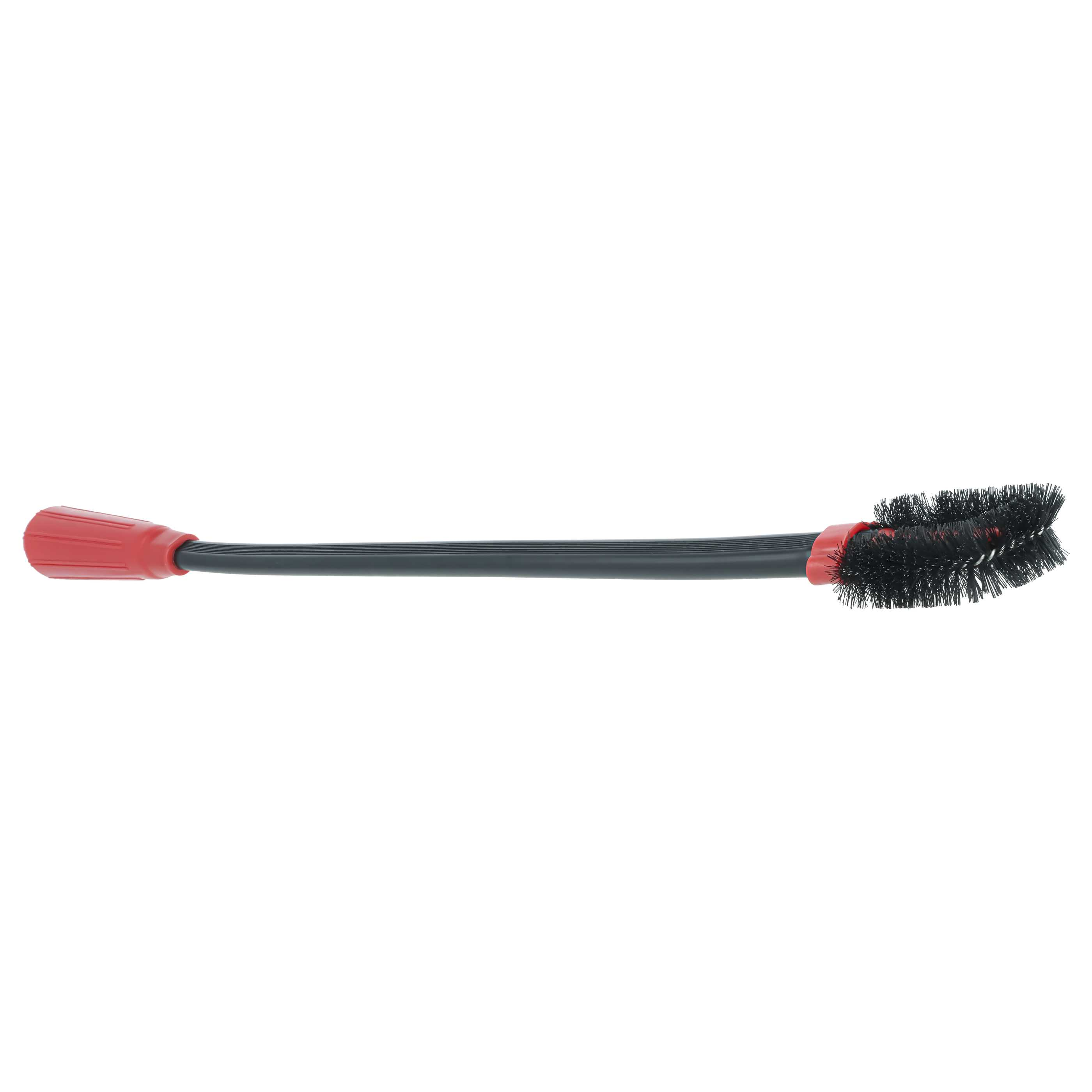 Eine schwarze und rote Felgenbürste mit langem Griff liegt horizontal vor weißem Hintergrund.