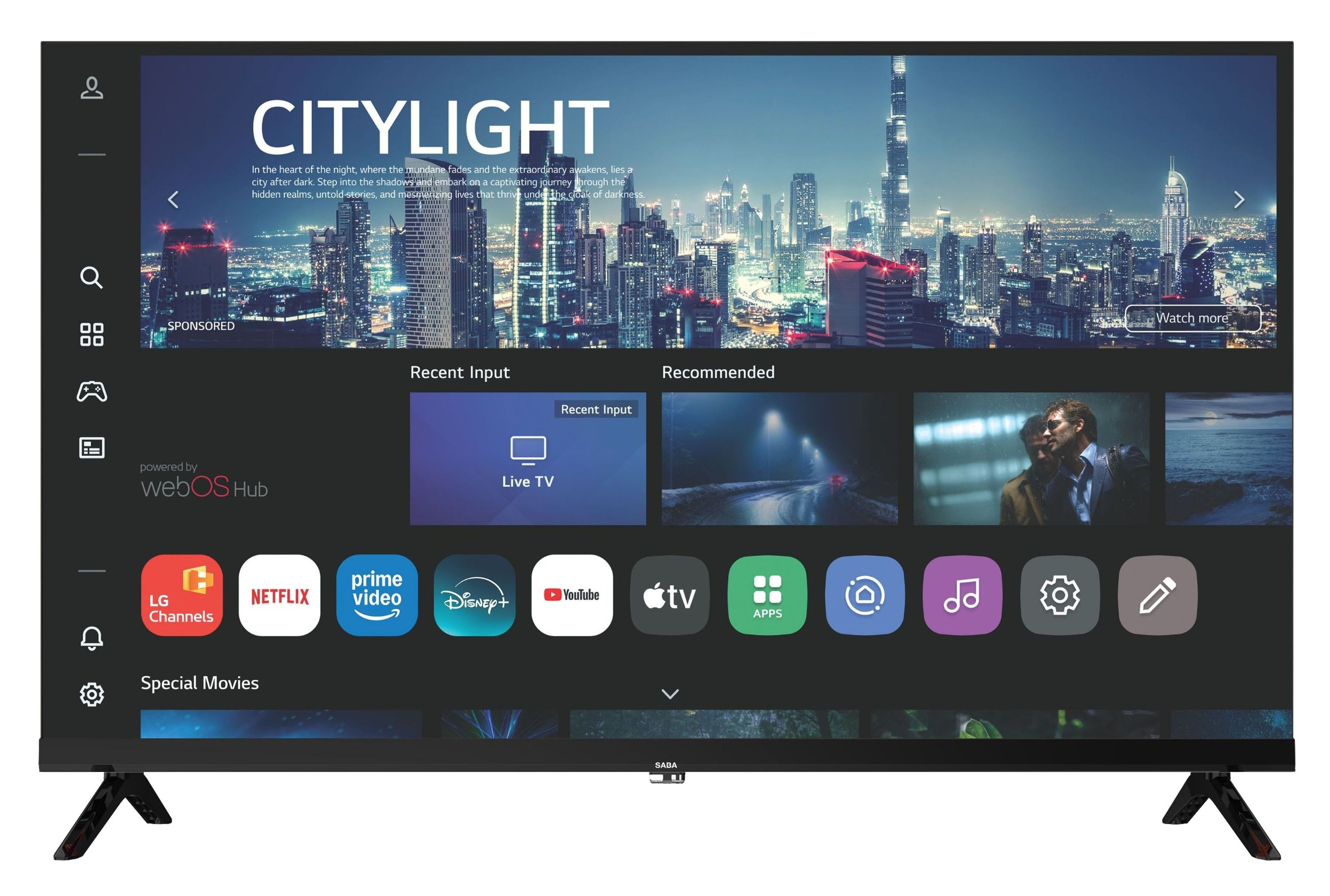 Smart-TV-Bildschirm mit webOS-Hub-Benutzeroberfläche zeigt Apps, Empfehlungen und ein großes Stadtbild-Banner.