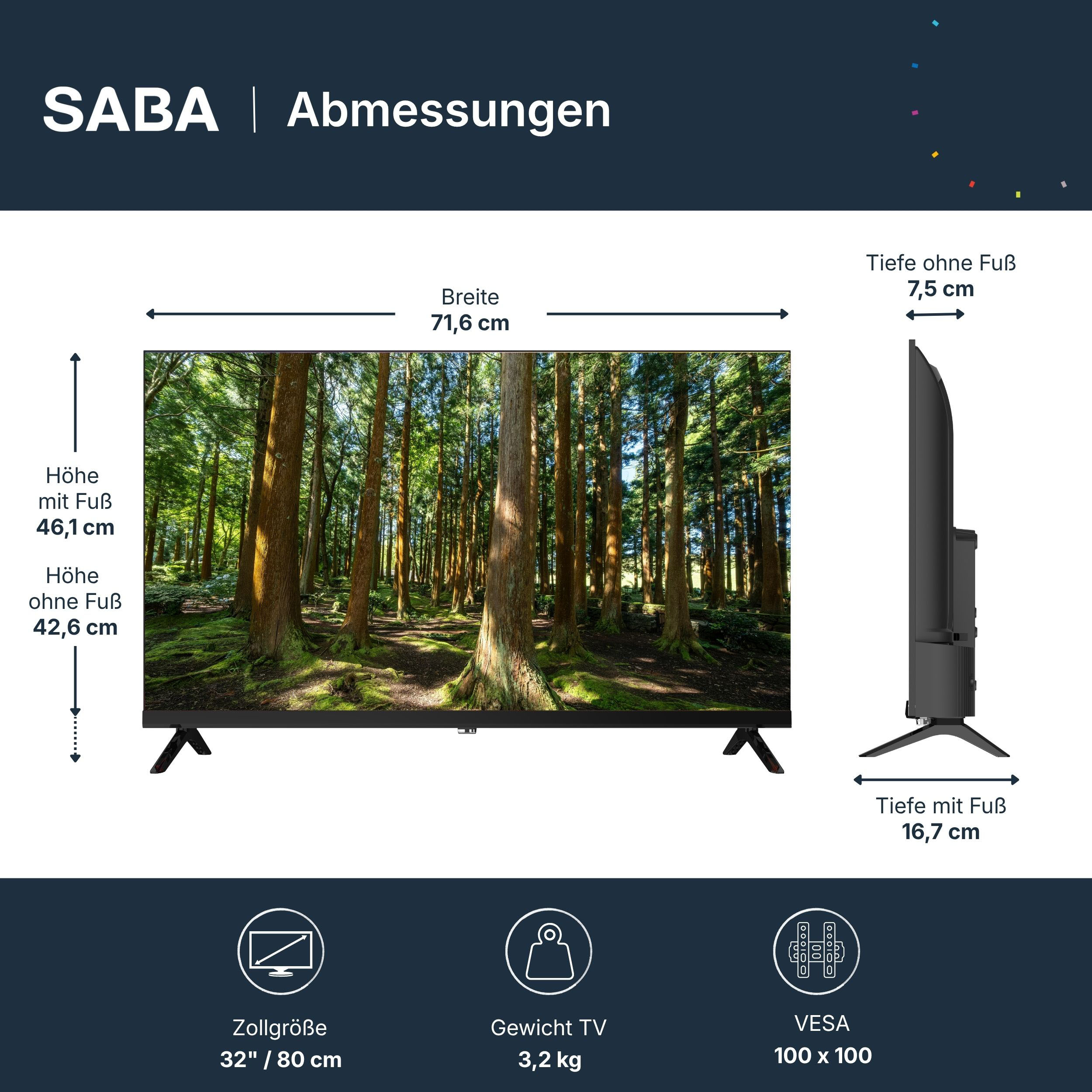 Diagramm zeigt die Abmessungen eines 32-Zoll-SABA-Fernsehers mit Maßen für Höhe, Breite, Tiefe und VESA.